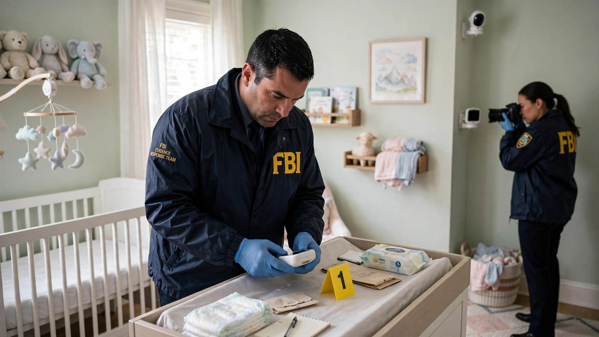 An FBI Evidence Response Team agent in a dark windbreaker and blue nitrile gloves examines a baby monitor on a nursery changing table next to a yellow evidence marker, while a second agent photographs another monitor mounted on the wall, a white crib and stuffed animals visible in the pastel-colored nursery