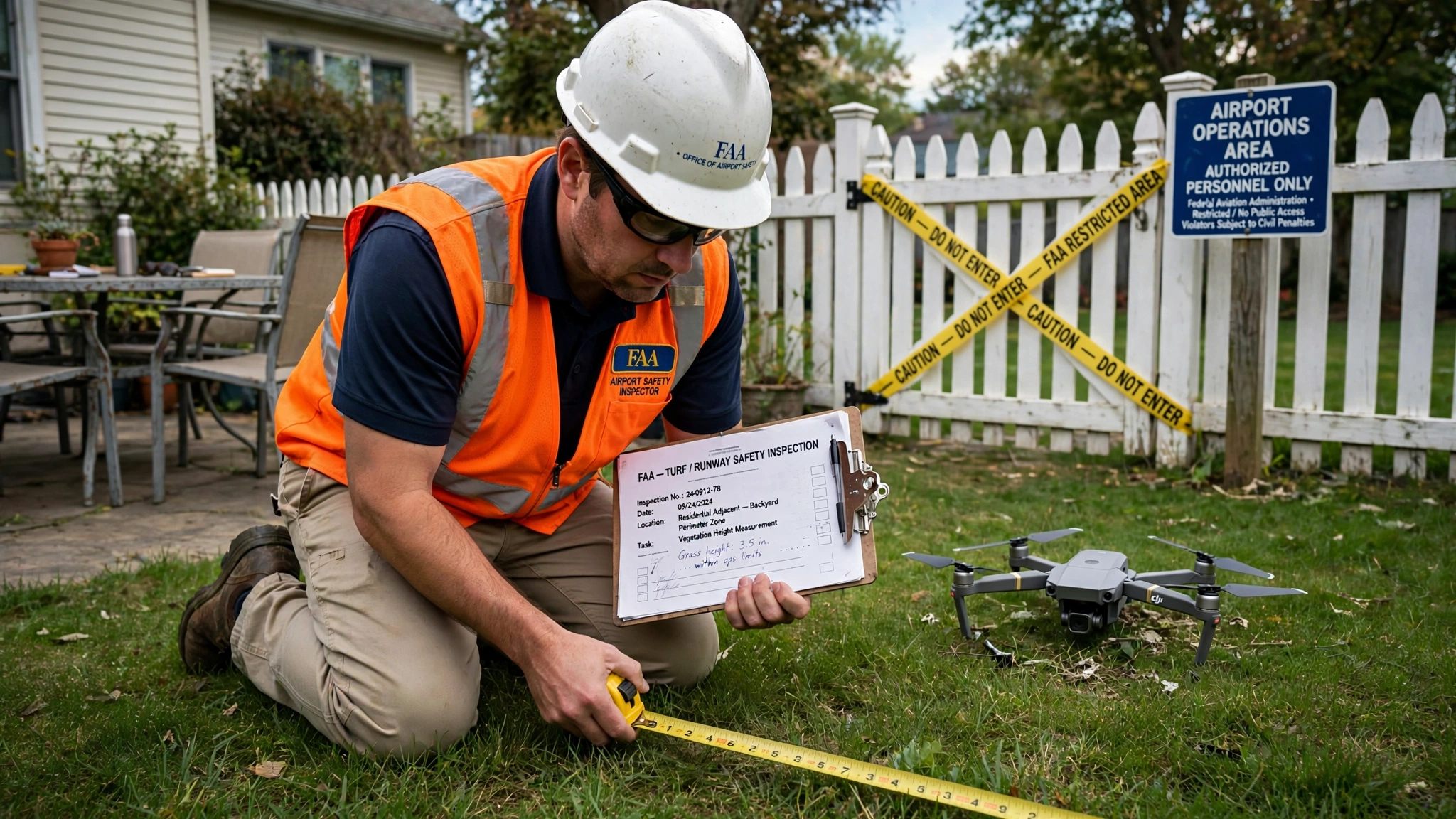 An FAA airport safety inspector in an orange high-visibility vest kneeling on a suburban lawn with a tape measure and clipboard, a consumer quadcopter drone sitting on the grass nearby, yellow caution tape stretched across the back gate, a sign reading AIRPORT OPERATIONS AREA on a post