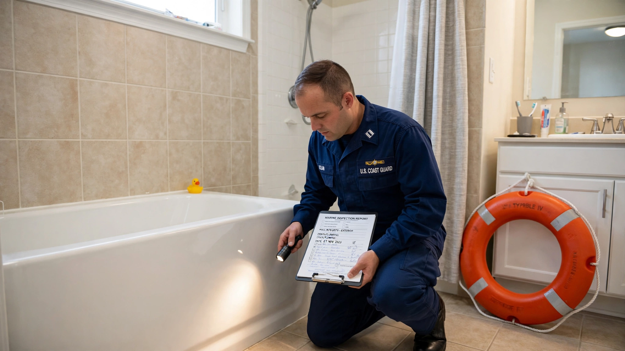 A United States Coast Guard marine inspector in dark blue operational dress uniform kneels on a suburban bathroom tile floor beside a standard white porcelain bathtub, clipboard in hand, examining the tub's exterior hull with a flashlight while a rubber duck sits on the rim and an orange Type IV throwable flotation device leans against the vanity cabinet
