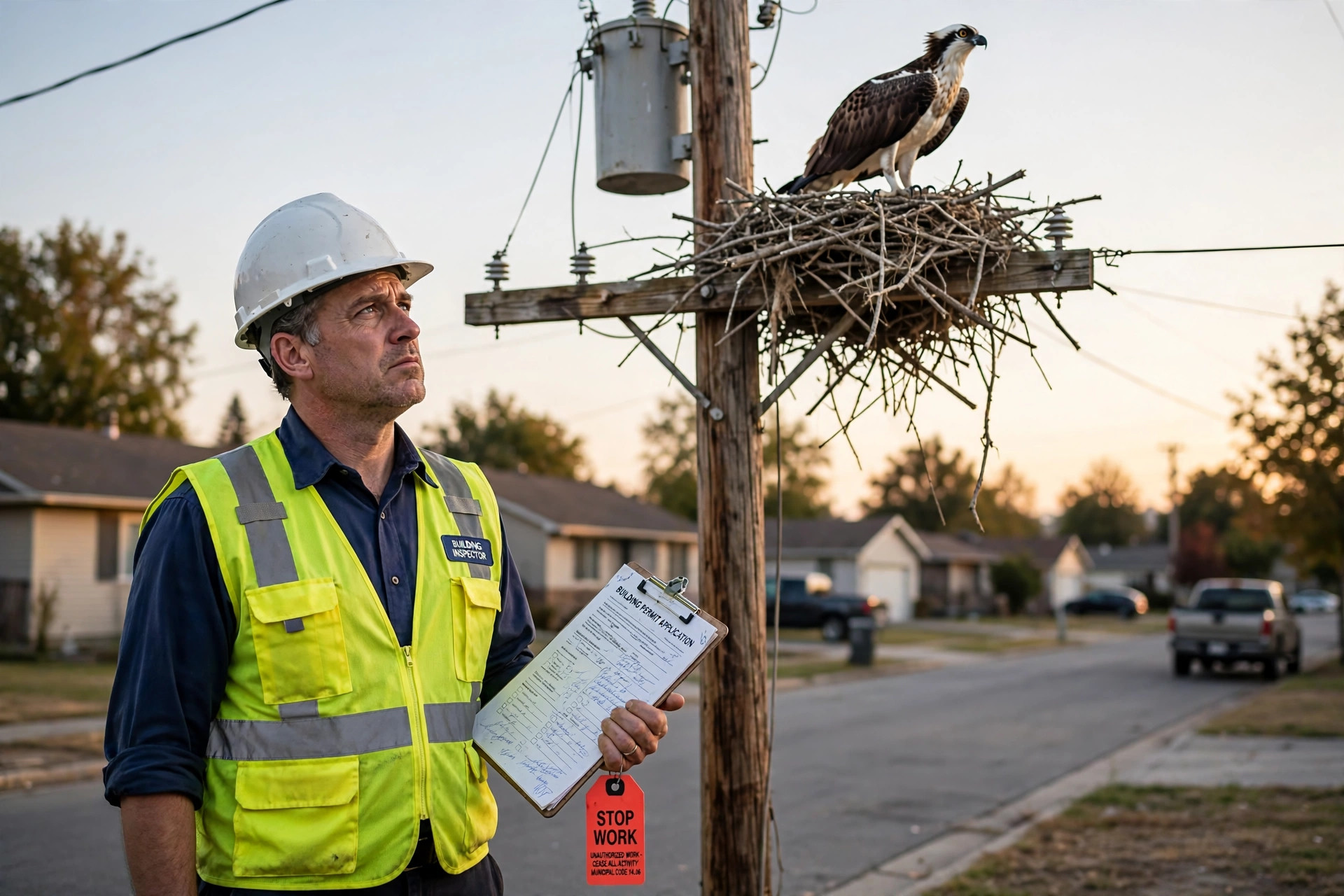 A municipal building inspector in a white hard hat and yellow safety vest holds a building permit application clipboard and a red stop work tag, gazing up with weary bureaucratic disapproval at a huge osprey nest built atop a utility pole beside a transformer and energized power lines, an osprey perched on the nest ignoring him completely