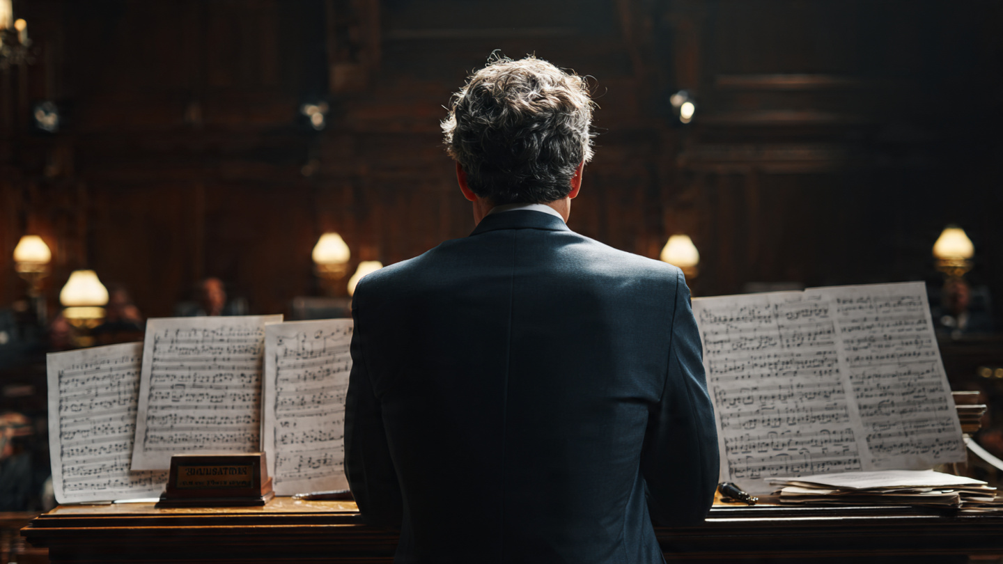 A federal copyright attorney in a courtroom presenting evidence charts of musical notation while a Northern Mockingbird sits in the defendant's chair at the defense table