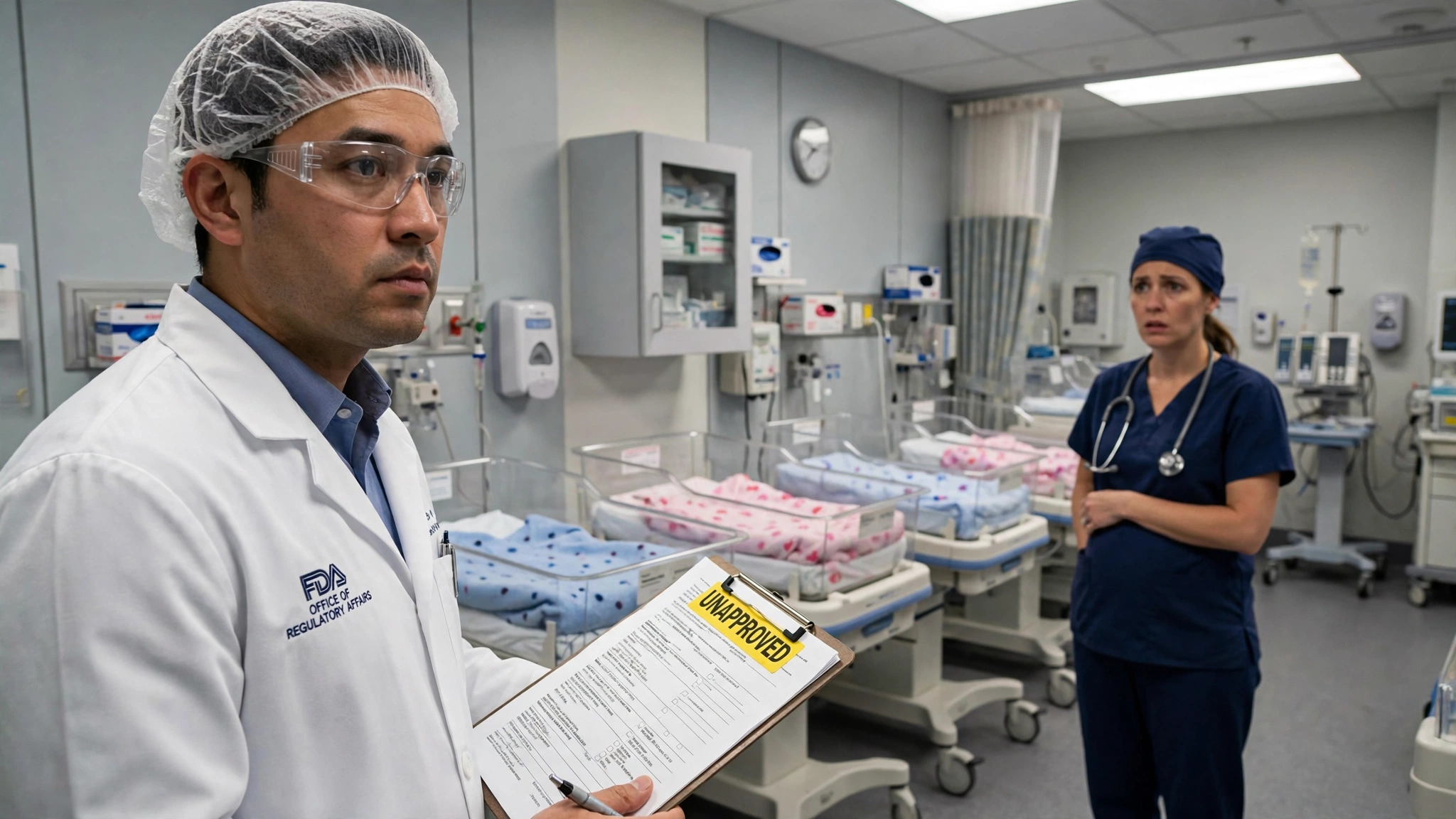 A serious FDA inspector in a white lab coat and hairnet stands in a hospital maternity ward holding a clipboard of violation forms and a bright yellow UNAPPROVED DRUG warning sticker while a bewildered nurse watches from beside a row of bassinets