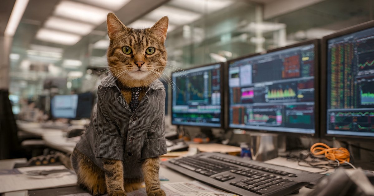 A cat in a business suit at a corporate desk with Bloomberg terminals