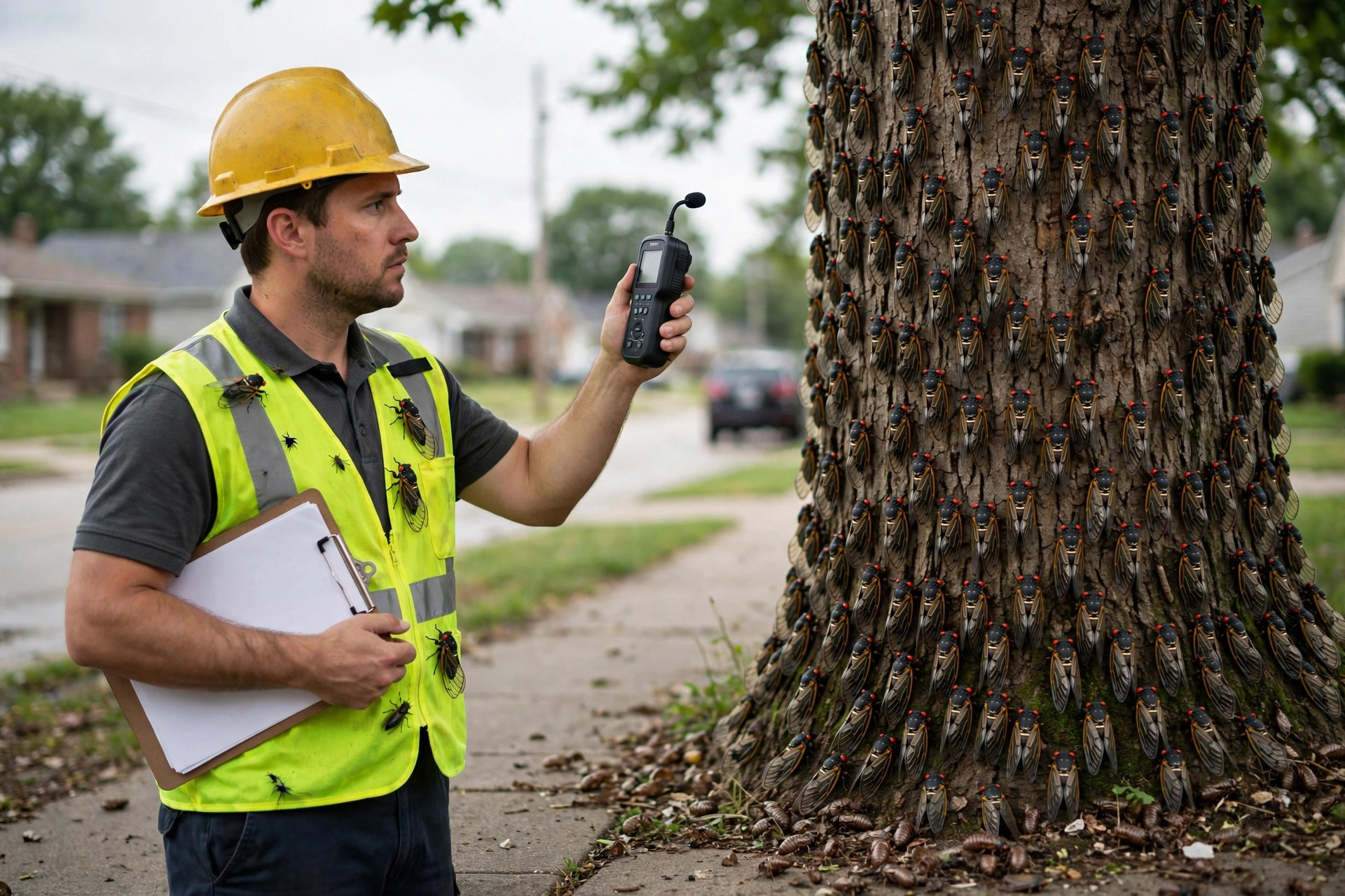 A city code enforcement officer in a hard hat and high-visibility vest holds a decibel meter toward a tree trunk swarming with red-eyed periodical cicadas, a clipboard with a noise violation citation tucked under one arm, a few cicadas perched on his vest