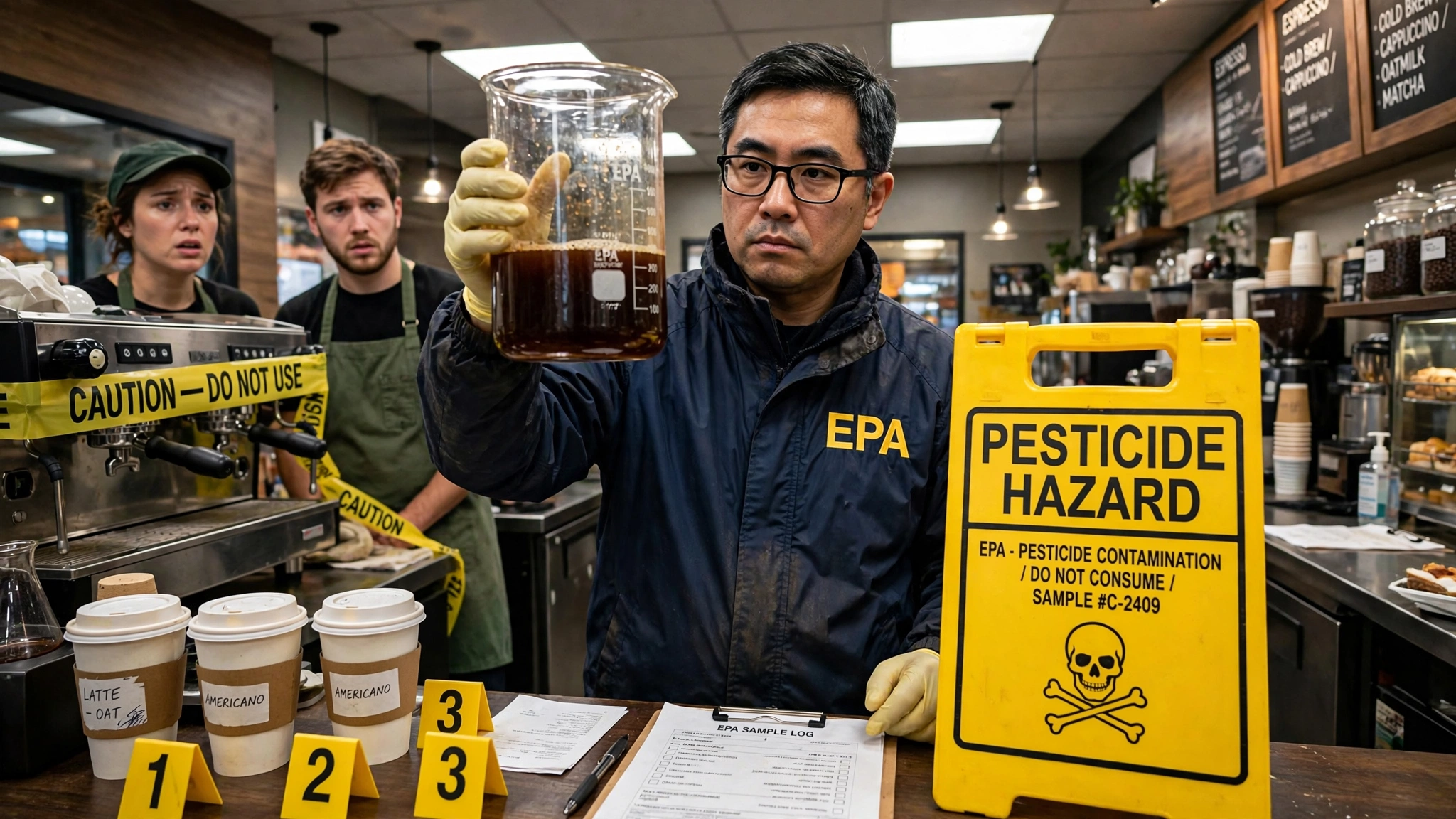 An EPA hazmat team in full protective gear conducting a raid on a suburban coffee shop, placing yellow evidence markers next to espresso cups on the counter while bewildered baristas look on
