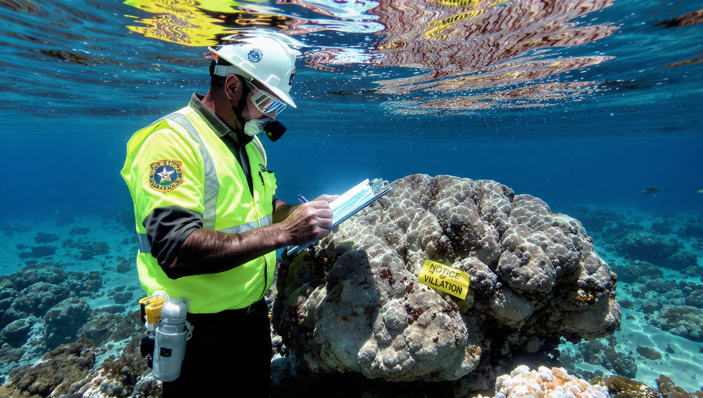 An Army Corps of Engineers inspector in a hard hat and high-visibility vest stands on a boat above a vibrant shallow coral reef, holding a clipboard and frowning at the reef below, with a 'STOP WORK ORDER' placard visible on the boat railing