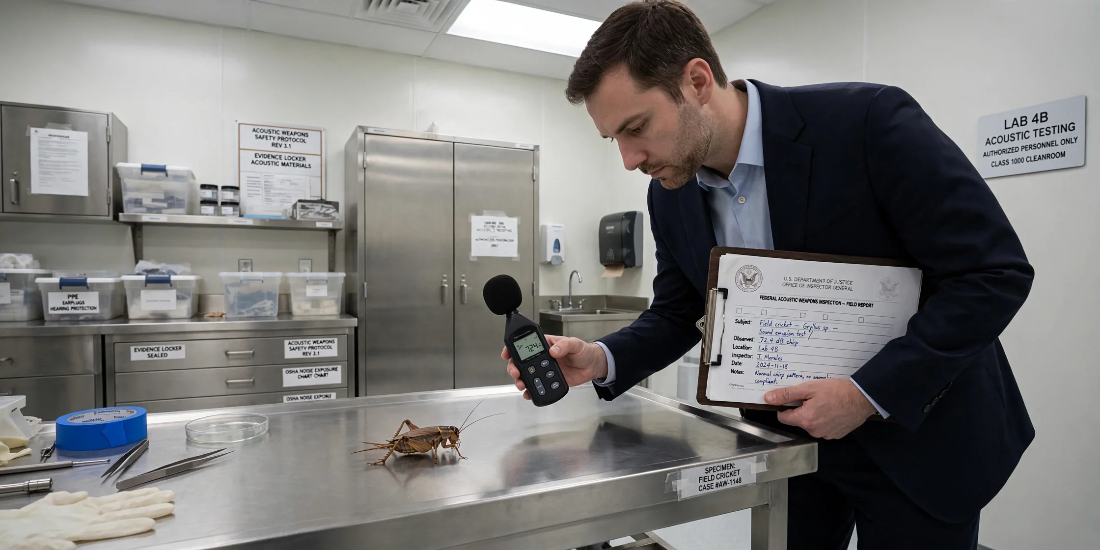A federal acoustic weapons inspector in a dark navy suit holding a clipboard and a decibel meter, inspecting a large field cricket on a stainless steel exam table in a sterile federal laboratory, fluorescent overhead lighting, serious documentary style