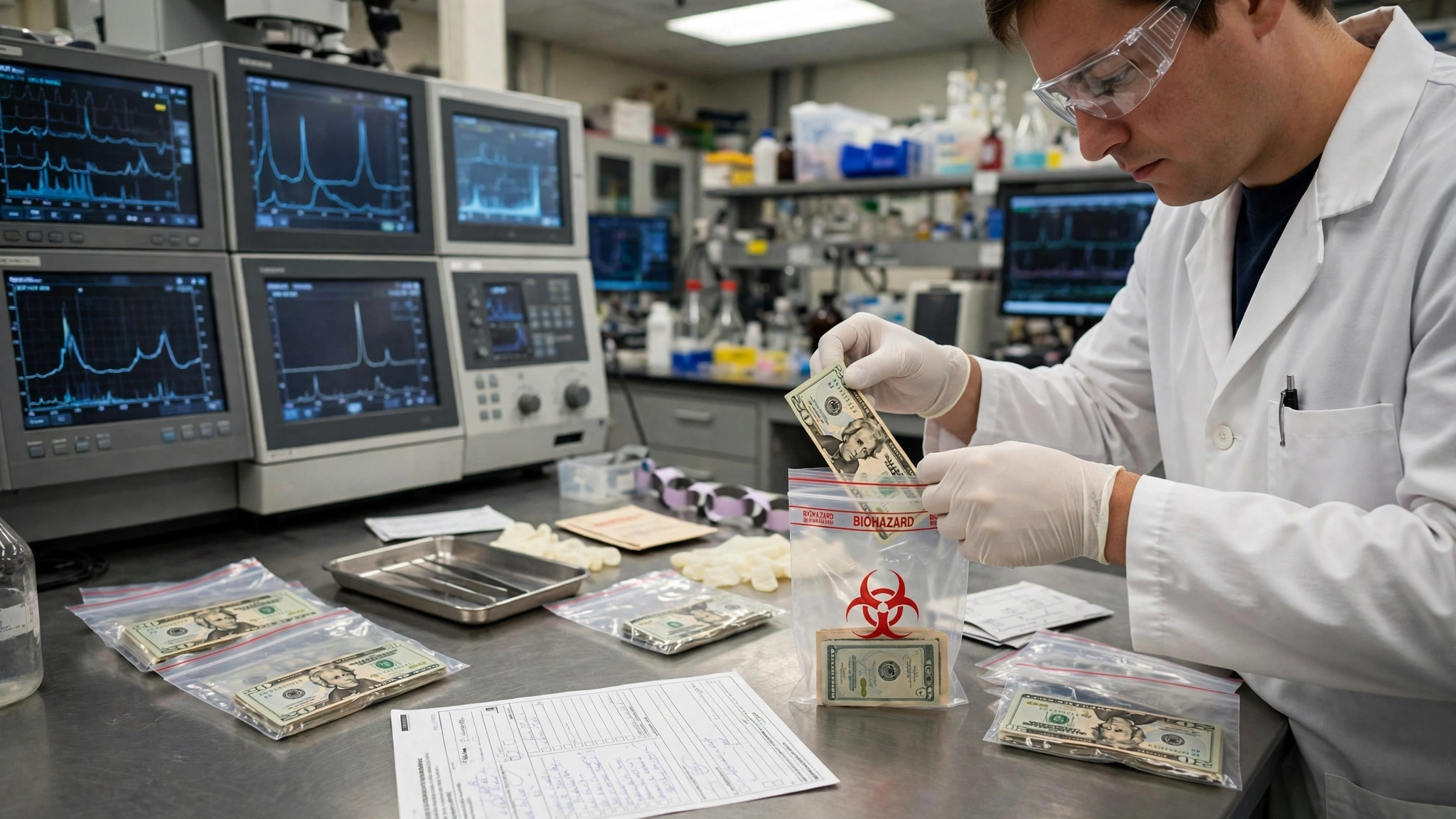 A DEA forensic chemist in white nitrile gloves carefully placing a US twenty-dollar bill into a clear evidence bag on a stainless steel laboratory bench, gas chromatograph-mass spectrometer with spectral analysis peaks on screens in the background, evidence labels and chain-of-custody forms on the counter