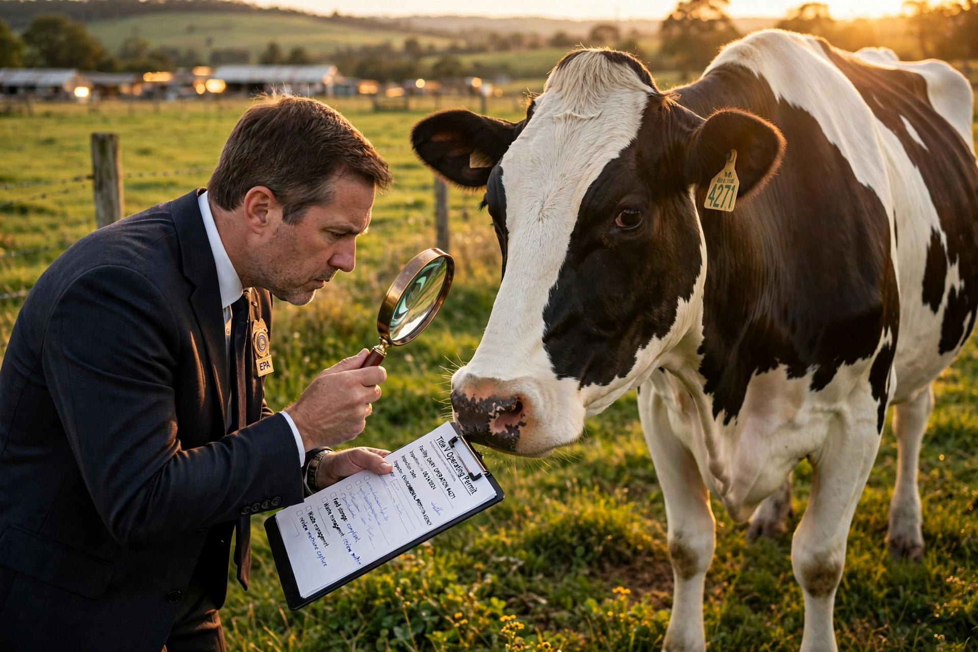 A serious photojournalistic scene of an EPA inspector in a dark suit holding a clipboard headed Title V Operating Permit, examining a giant dairy cow under a large magnifying glass in a green pasture at golden hour, dramatic documentary lighting