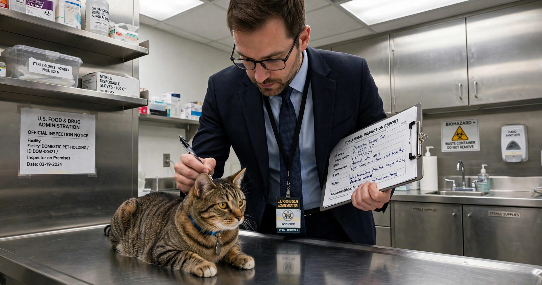 A federal FDA inspector in a dark navy suit holding a clipboard, inspecting a domestic tabby cat on a stainless steel exam table in a sterile clinic, fluorescent overhead lighting, serious documentary style