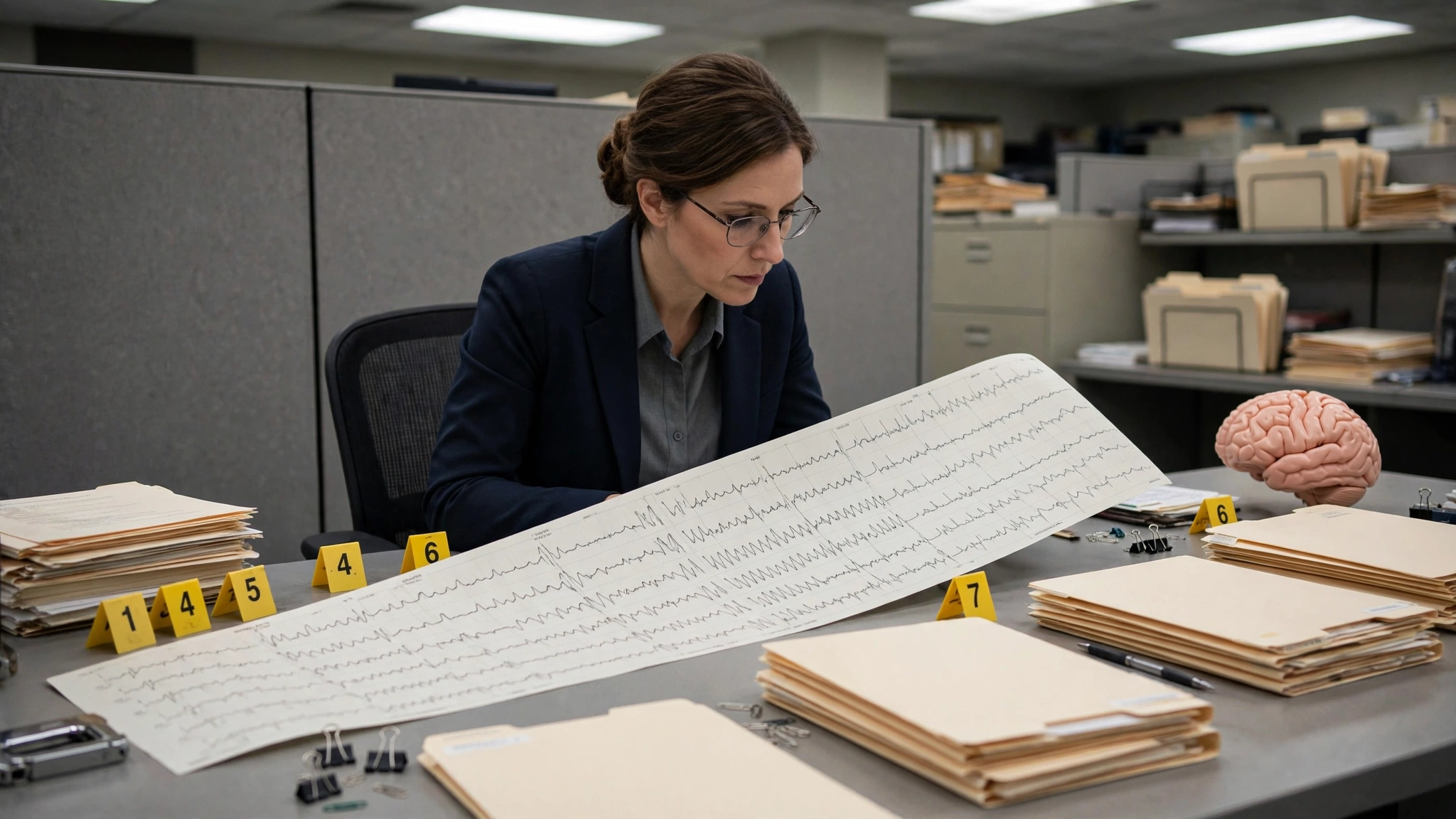 A U.S. Copyright Office examiner in business attire studying EEG brain scan printouts at a government desk covered with copyright registration forms and numbered evidence markers, a plastic anatomical brain model beside stacked file folders, harsh fluorescent office lighting