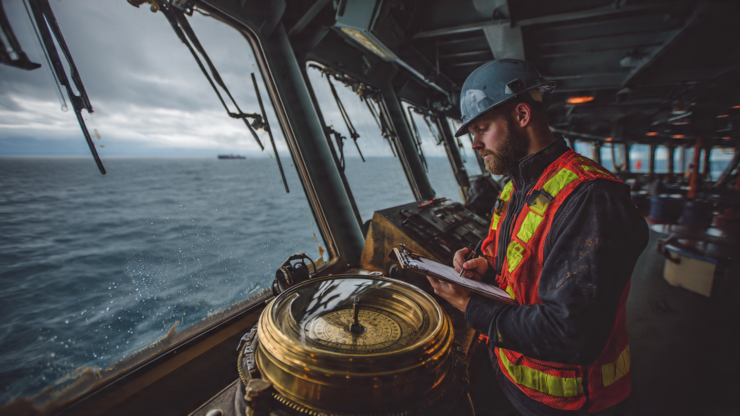 A serious maritime safety inspector standing on the bridge of a cargo vessel, holding a clipboard and examining a ship's magnetic compass binnacle, with a faintly glowing representation of Earth's magnetic field lines visible through the bridge windows, rendered in the style of investigative photojournalism