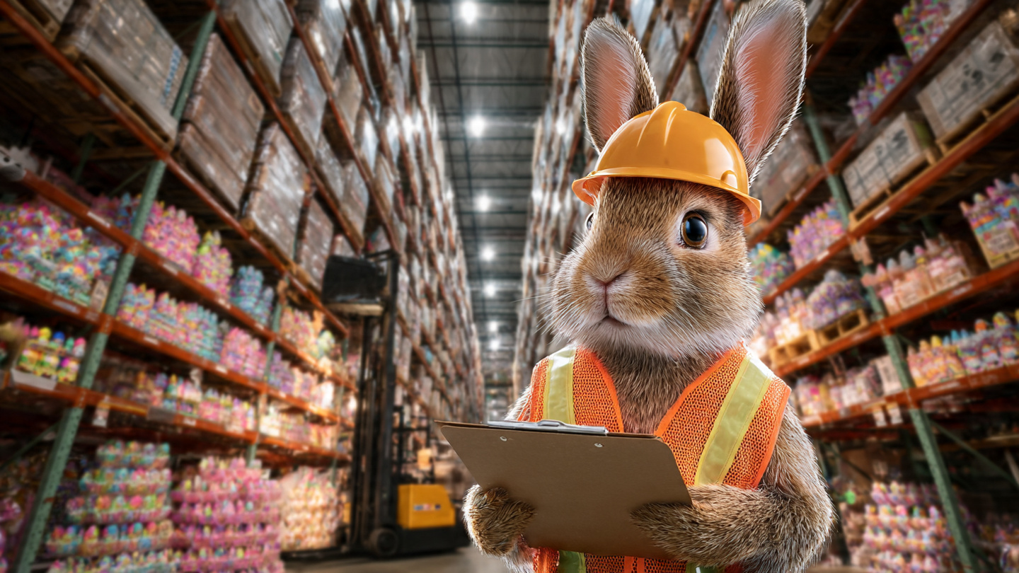 A rabbit in a high-visibility vest reviewing logistics charts in a massive warehouse filled with chocolate eggs