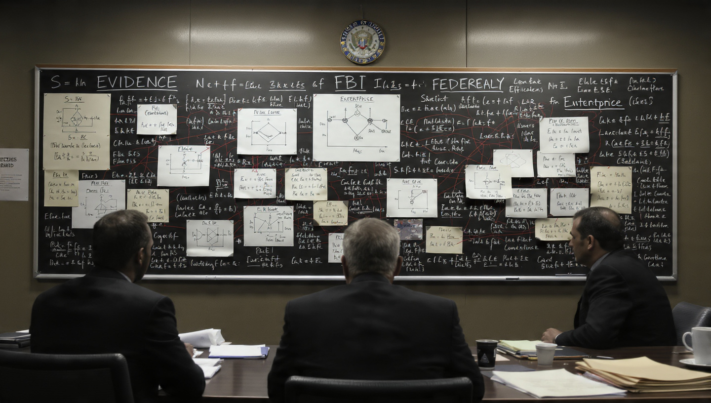 A federal organized crime investigation board in a DOJ war room with thermodynamic equations, energy flow diagrams, and entropy formulas connected by red string like a criminal conspiracy chart
