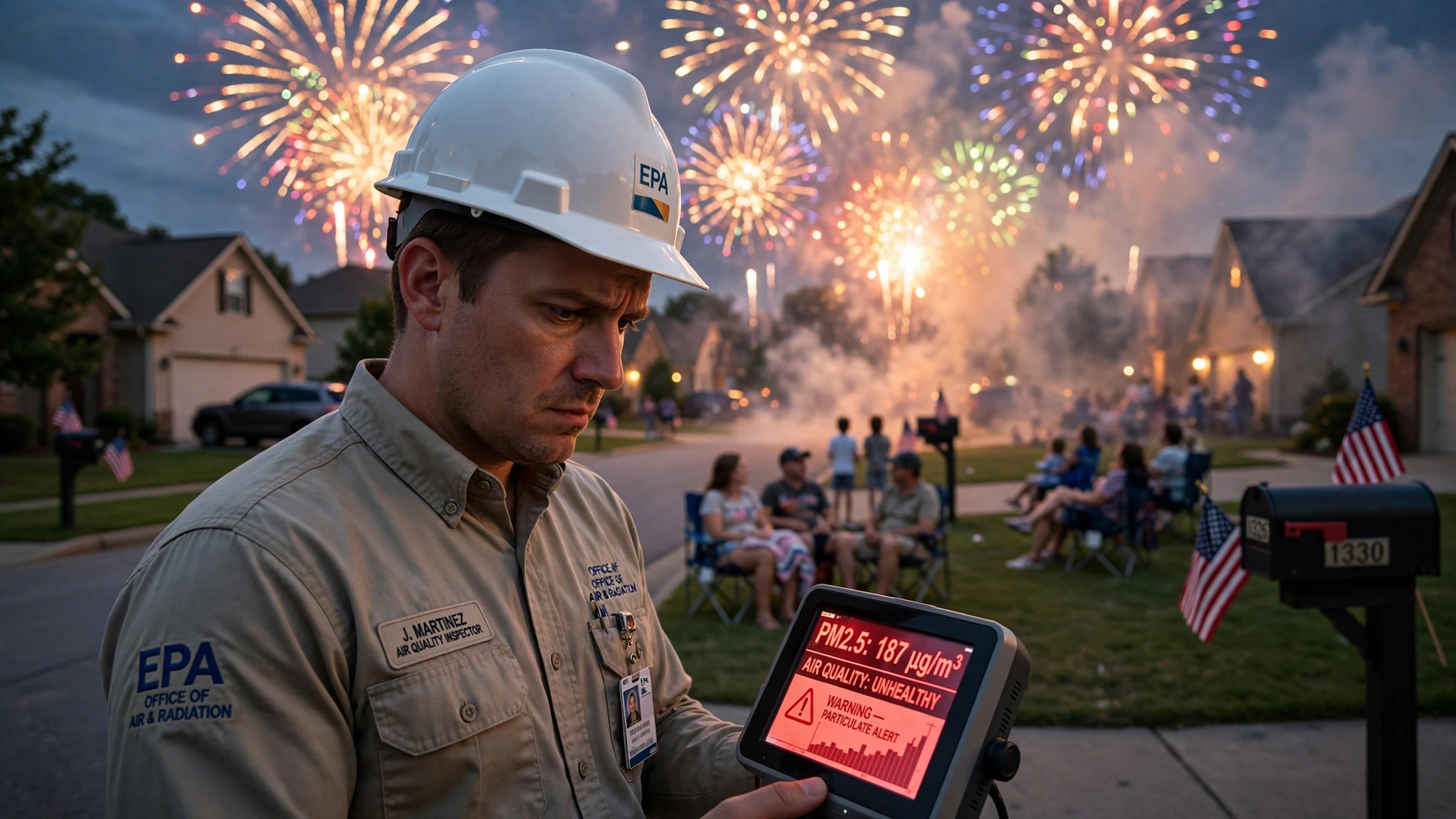An EPA air quality inspector in a hard hat and reflective vest standing in a public park at dusk, holding a handheld particulate matter monitor displaying an alarming reading, while fireworks explode in brilliant colors across the sky behind them