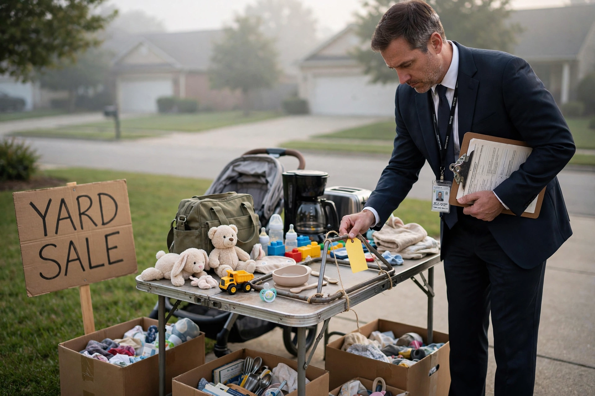 A serious CPSC compliance inspector in a dark suit and government lanyard stands in a suburban driveway at dawn, holding a clipboard and examining a folding table covered with old toys, kitchen appliances, and used baby gear, with yellow violation tags attached to several items and a hand-lettered YARD SALE sign visible in the background
