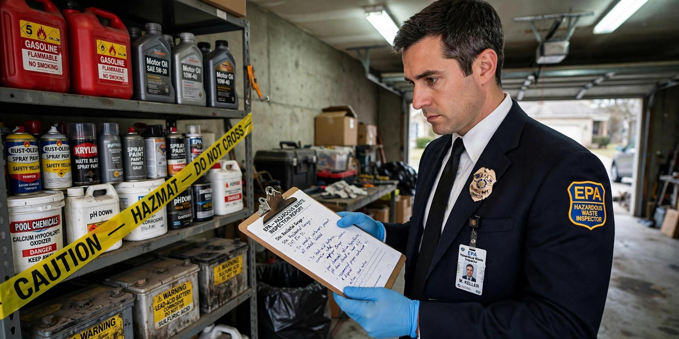 A serious photojournalistic scene of an EPA hazardous waste inspector in a dark suit and nitrile gloves standing inside a typical suburban two-car garage, holding a clipboard and examining shelves lined with gasoline cans, motor oil bottles, spray paint, pool chemicals, and old lead-acid car batteries, yellow HAZMAT warning tape visible, fluorescent overhead garage lighting