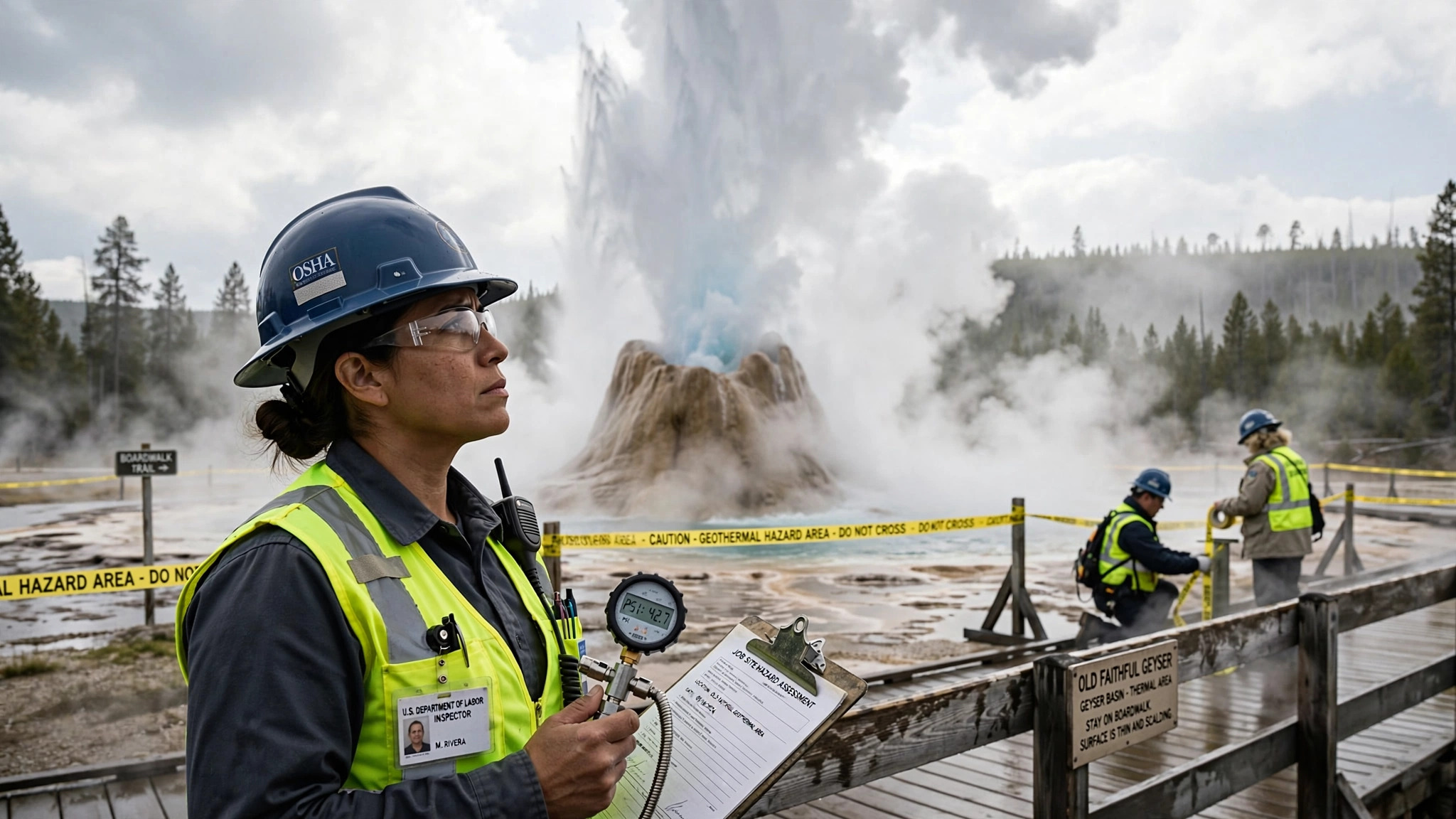 Two ASME-certified inspectors in hard hats and safety vests standing beside a violently erupting geyser, one holding a clipboard and the other aiming a pressure gauge at the steam column, with official inspection stickers visible on their vests