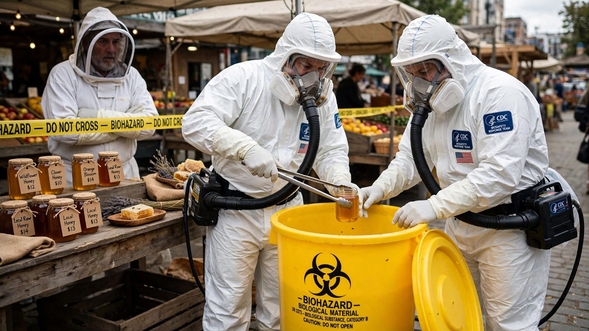 A CDC biosafety team in full Tyvek suits and powered air-purifying respirators carefully lifting a glass jar of golden honey with long-handled tongs into a yellow biohazard containment drum while a bewildered beekeeper in a traditional veil and white suit watches from behind yellow BIOHAZARD tape at a farmers market