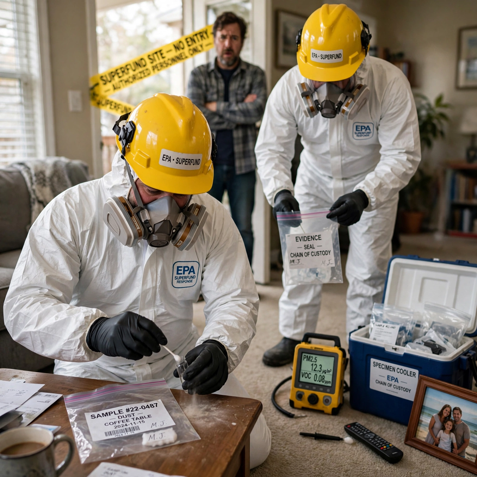 EPA Superfund hazmat workers in white Tyvek suits collecting dust samples from a suburban living room coffee table while the bewildered homeowner watches from behind yellow SUPERFUND SITE tape