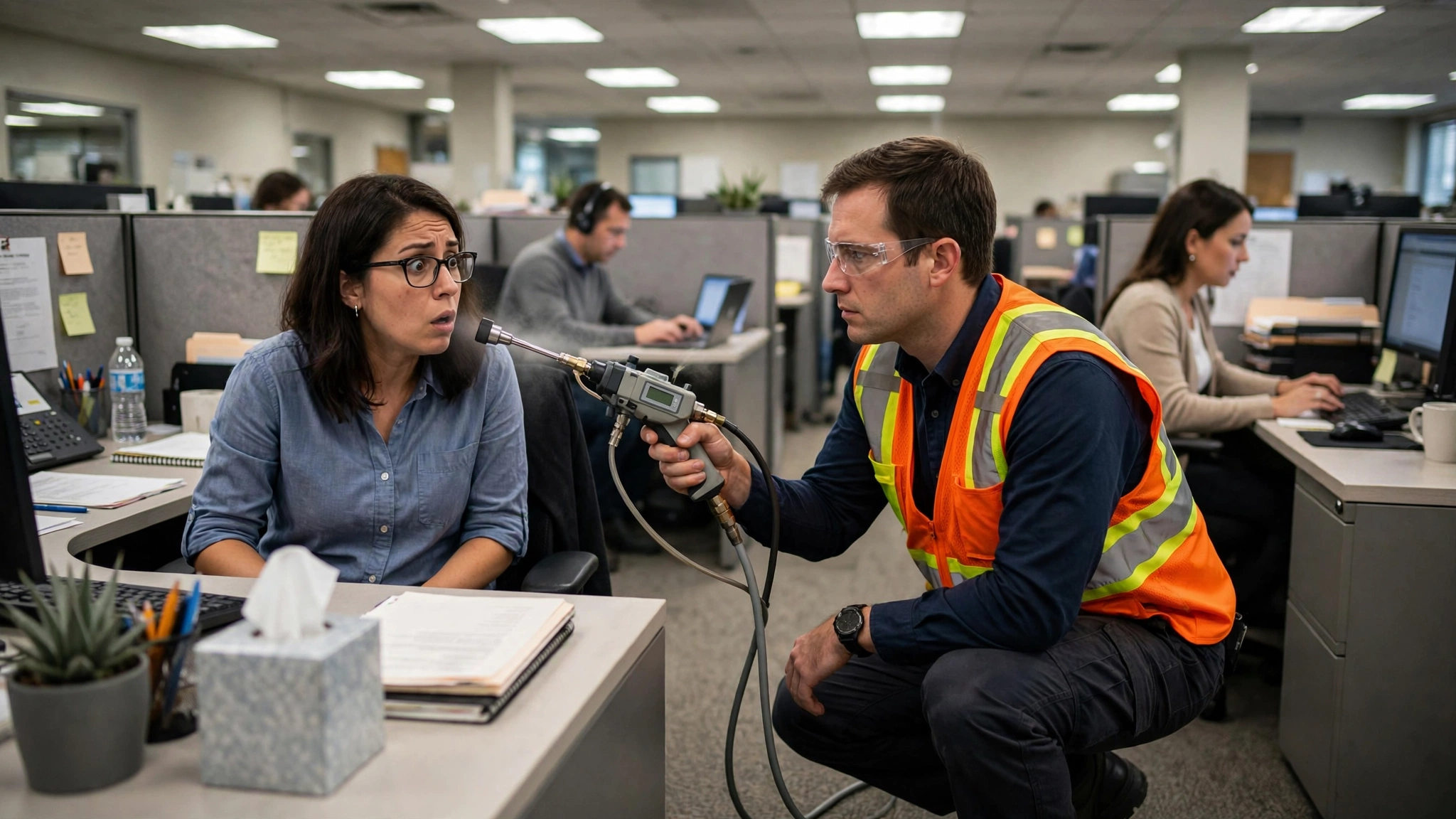 An EPA inspector in a high-visibility vest crouching beside an office worker's desk, holding an industrial emissions monitoring probe directly in front of the worker's mouth as the worker exhales, in a fluorescent-lit open-plan office