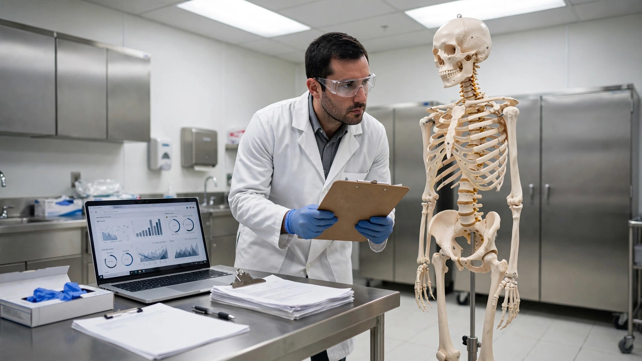 An FDA inspector in a lab coat and safety glasses examining a full anatomical skeleton on a medical stand in a sterile regulatory inspection room, clipboard in hand, with quality control documentation on a nearby desk
