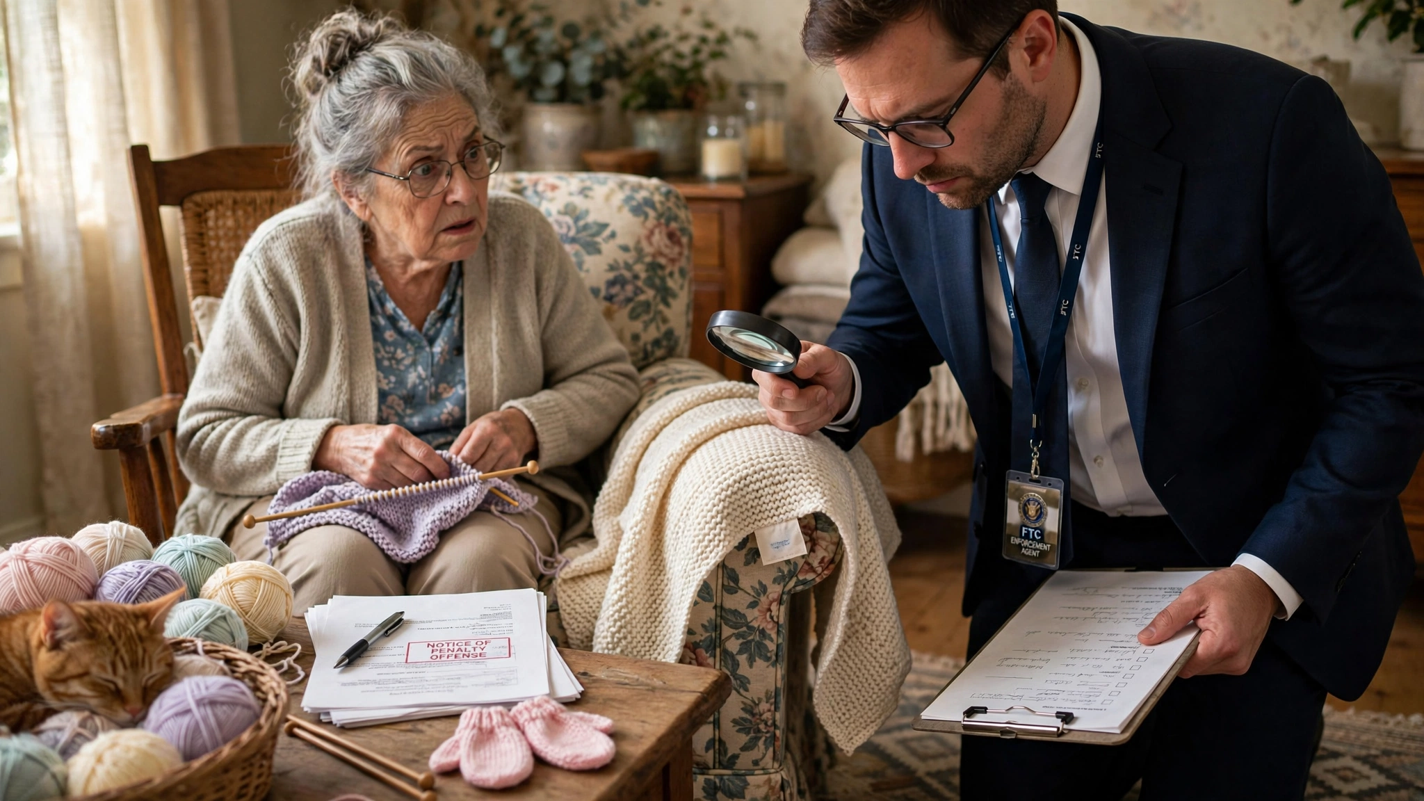 An FTC enforcement agent in a dark blue suit inspects a hand-knitted baby blanket with a magnifying glass in a cozy living room while an elderly woman in a cardigan watches from her rocking chair, balls of yarn and federal NOTICE OF PENALTY OFFENSE documents on the coffee table