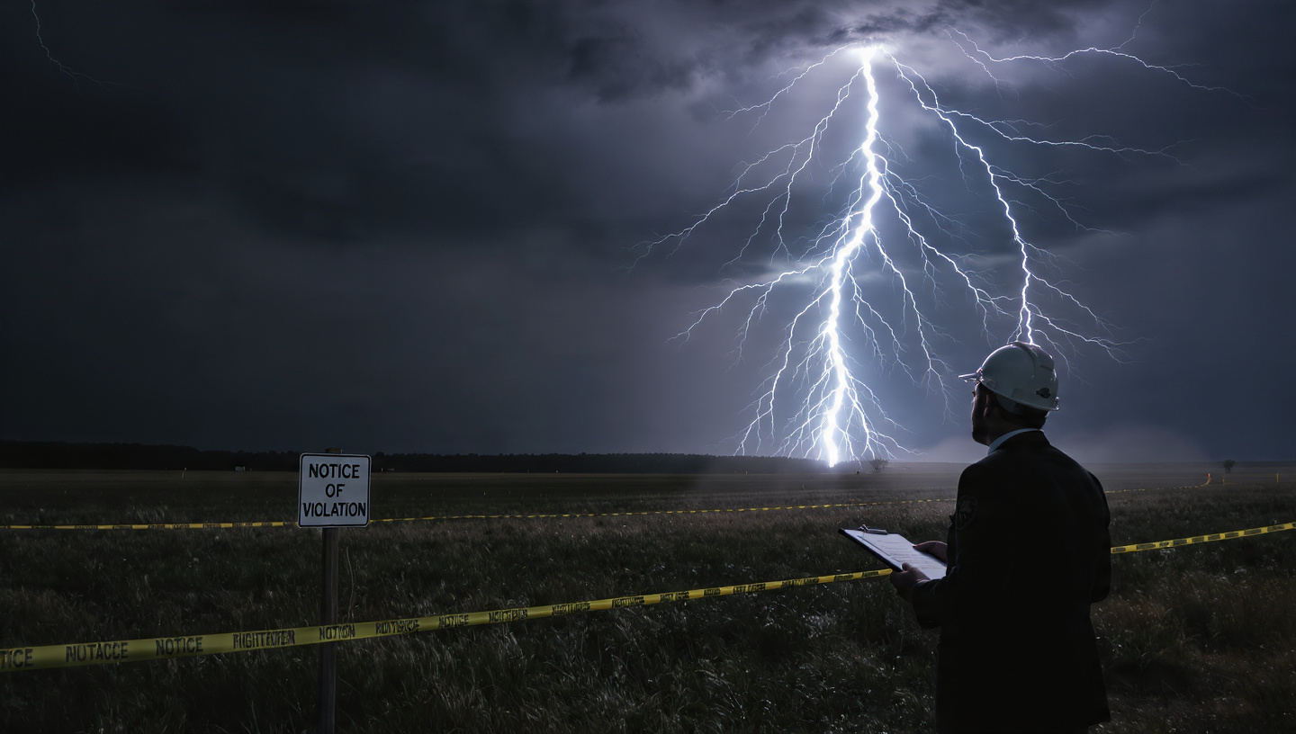 A FERC inspector in a hard hat and suit standing in a field during a thunderstorm, holding a clipboard and looking up at a massive lightning bolt, with regulatory caution tape and a Notice of Violation sign in the foreground