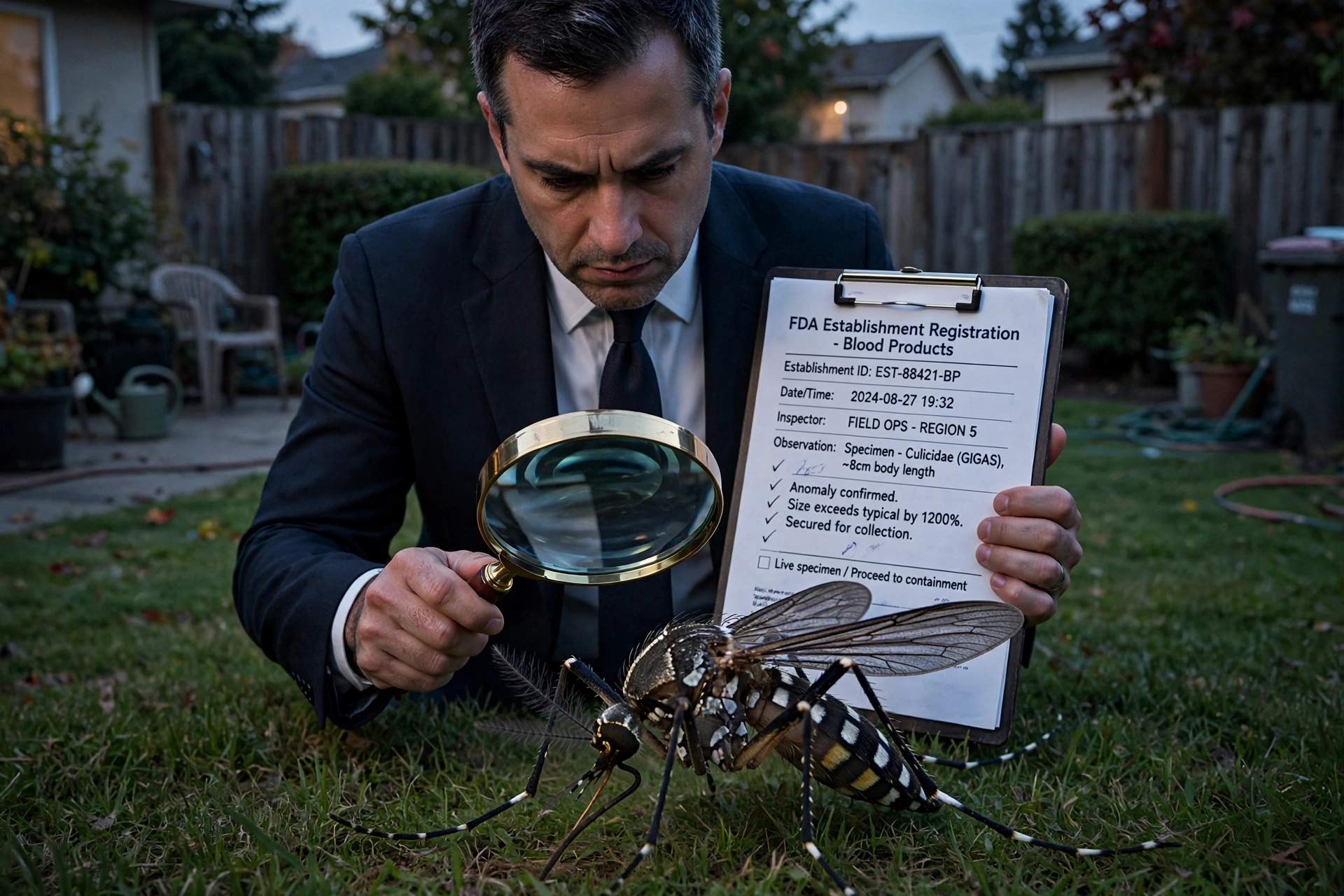 A serious photojournalistic scene of an FDA inspector in a dark suit holding a clipboard headed FDA Establishment Registration - Blood Products, examining a giant mosquito under a large magnifying glass in a suburban backyard at dusk, dramatic documentary lighting