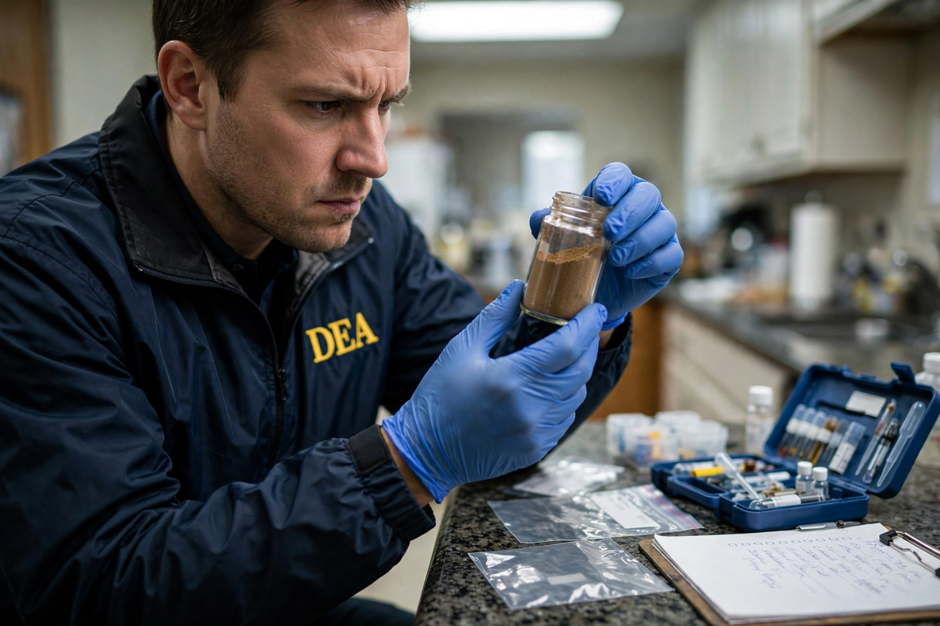 A serious photojournalistic scene of a DEA agent in a dark windbreaker examining a jar of ground nutmeg on a kitchen counter, wearing nitrile gloves, with evidence bags and a field test kit visible, fluorescent kitchen lighting