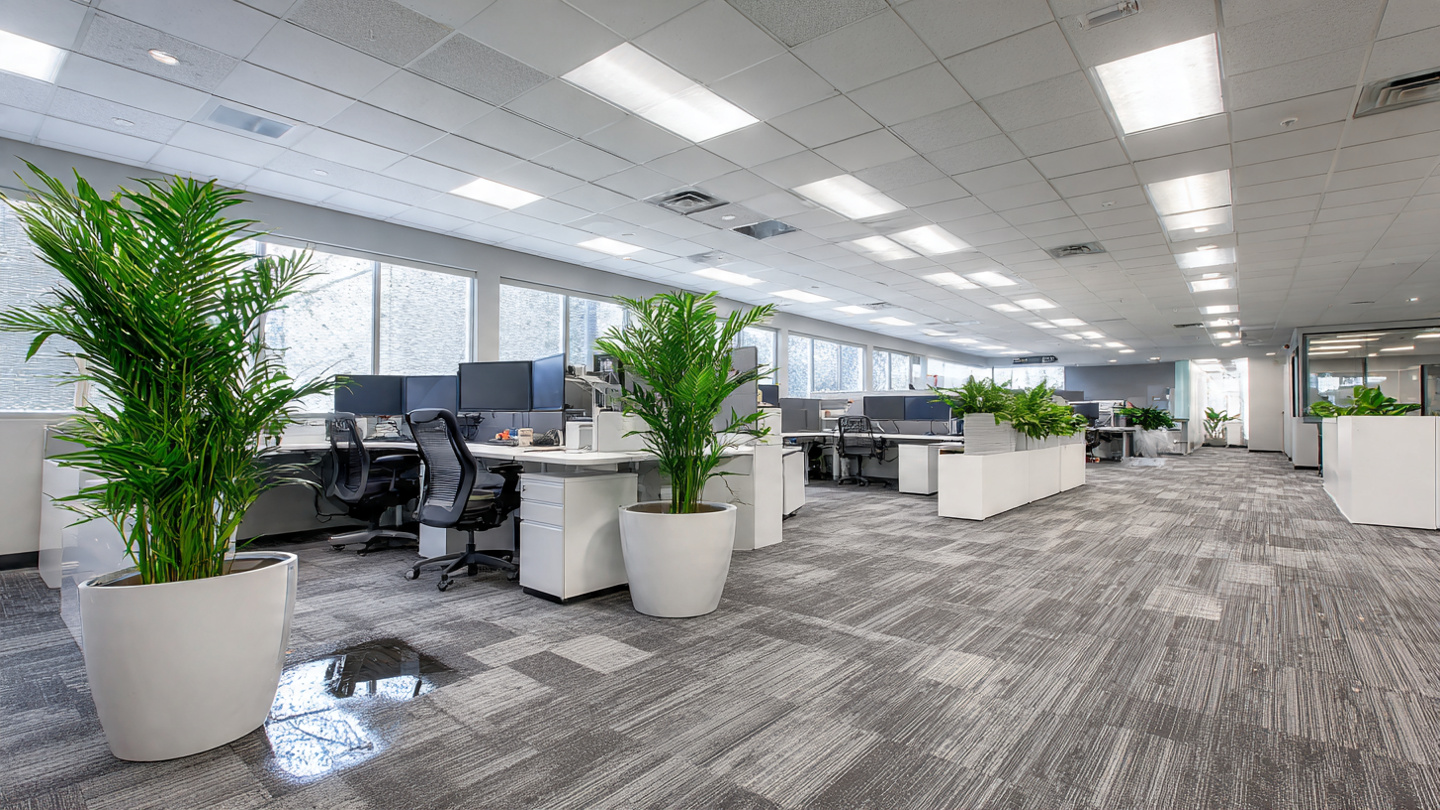 A modern office with condensation, tropical plants, and water near HVAC vents
