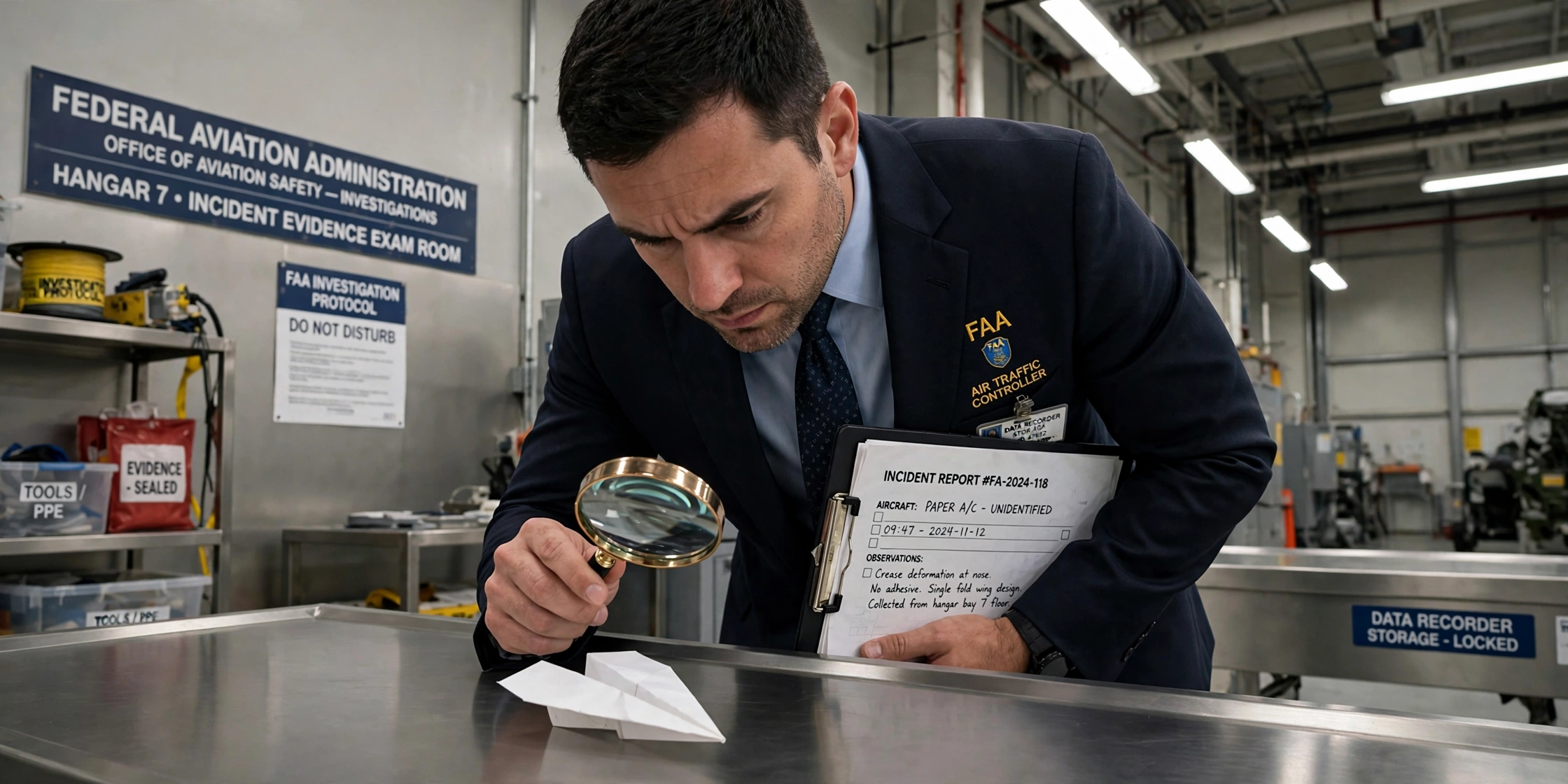 A federal FAA inspector in a dark navy suit holding a clipboard and magnifying glass, inspecting a small white paper airplane on a stainless steel exam table in a sterile federal aviation hangar, fluorescent overhead lighting, serious documentary style