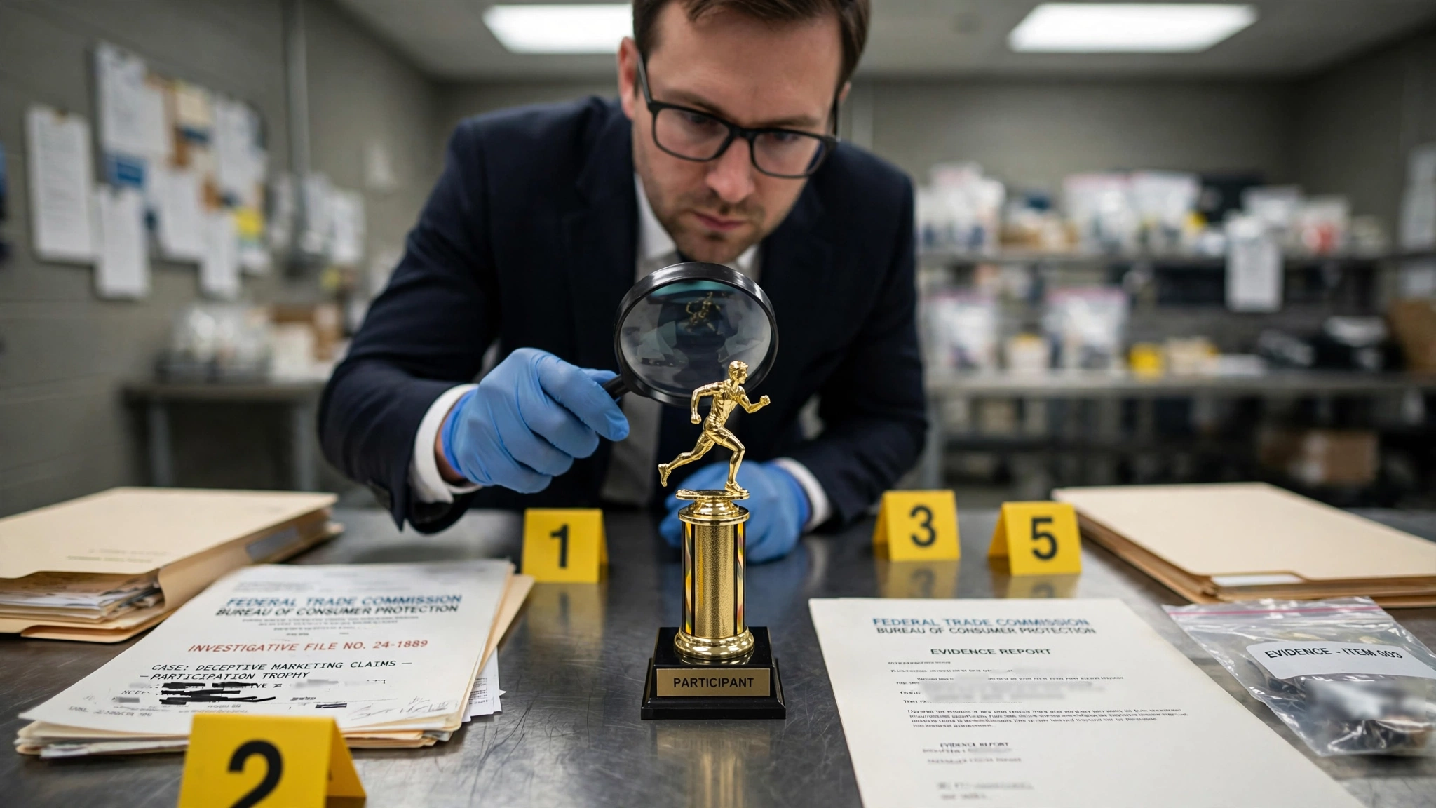 An FTC investigator in a suit examining a shelf of small golden participation trophies with a magnifying glass, evidence tags on the shelf