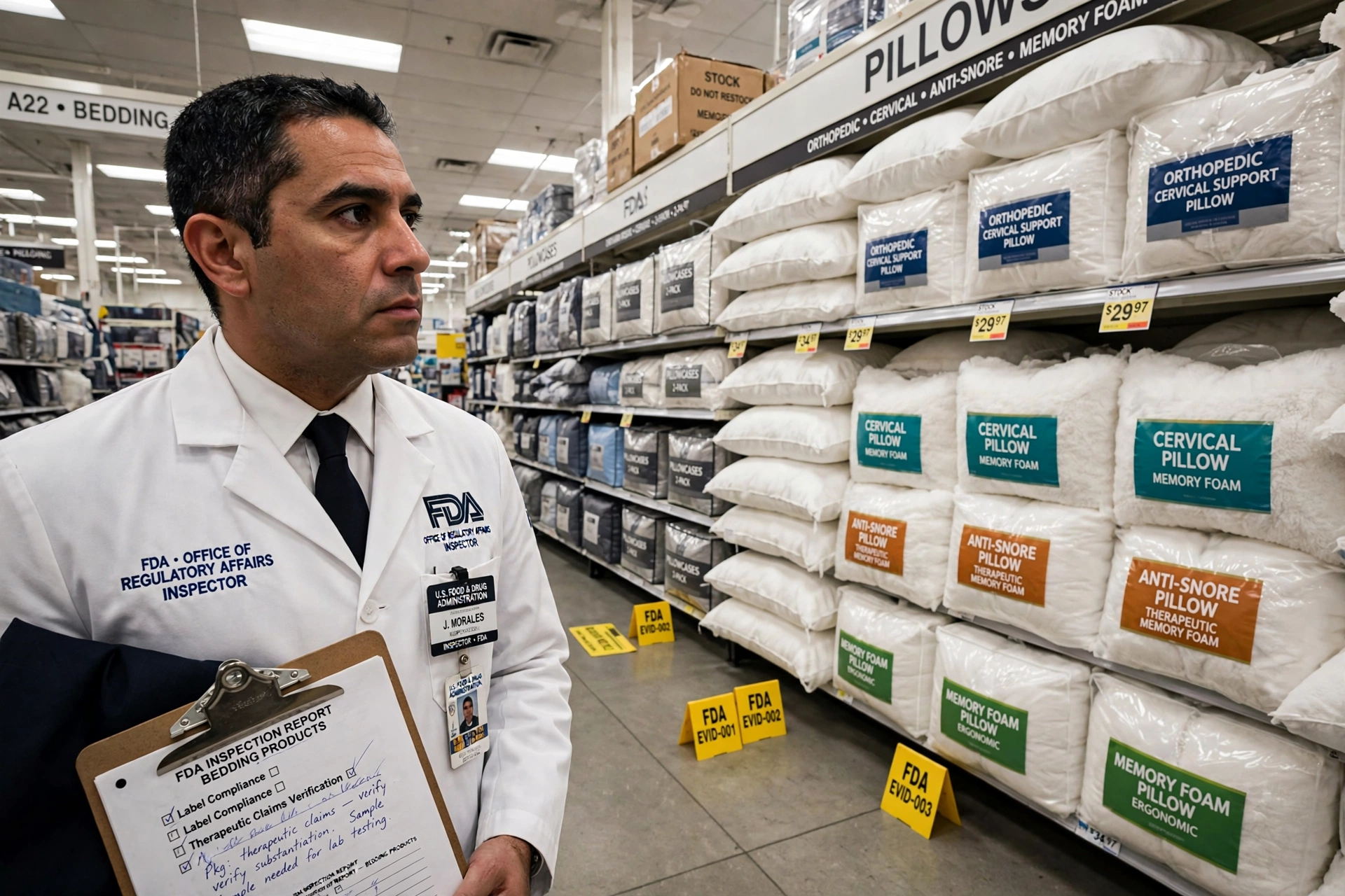 A serious photojournalistic scene of a Food and Drug Administration inspector in a dark suit and white lab coat holding a clipboard, standing in a big-box retail bedding aisle, staring intently at a towering wall of fluffy white therapeutic pillows labeled orthopedic, cervical, anti-snore, and memory foam, with bright fluorescent overhead lighting, yellow FDA evidence markers on the floor, sterile clinical documentary style