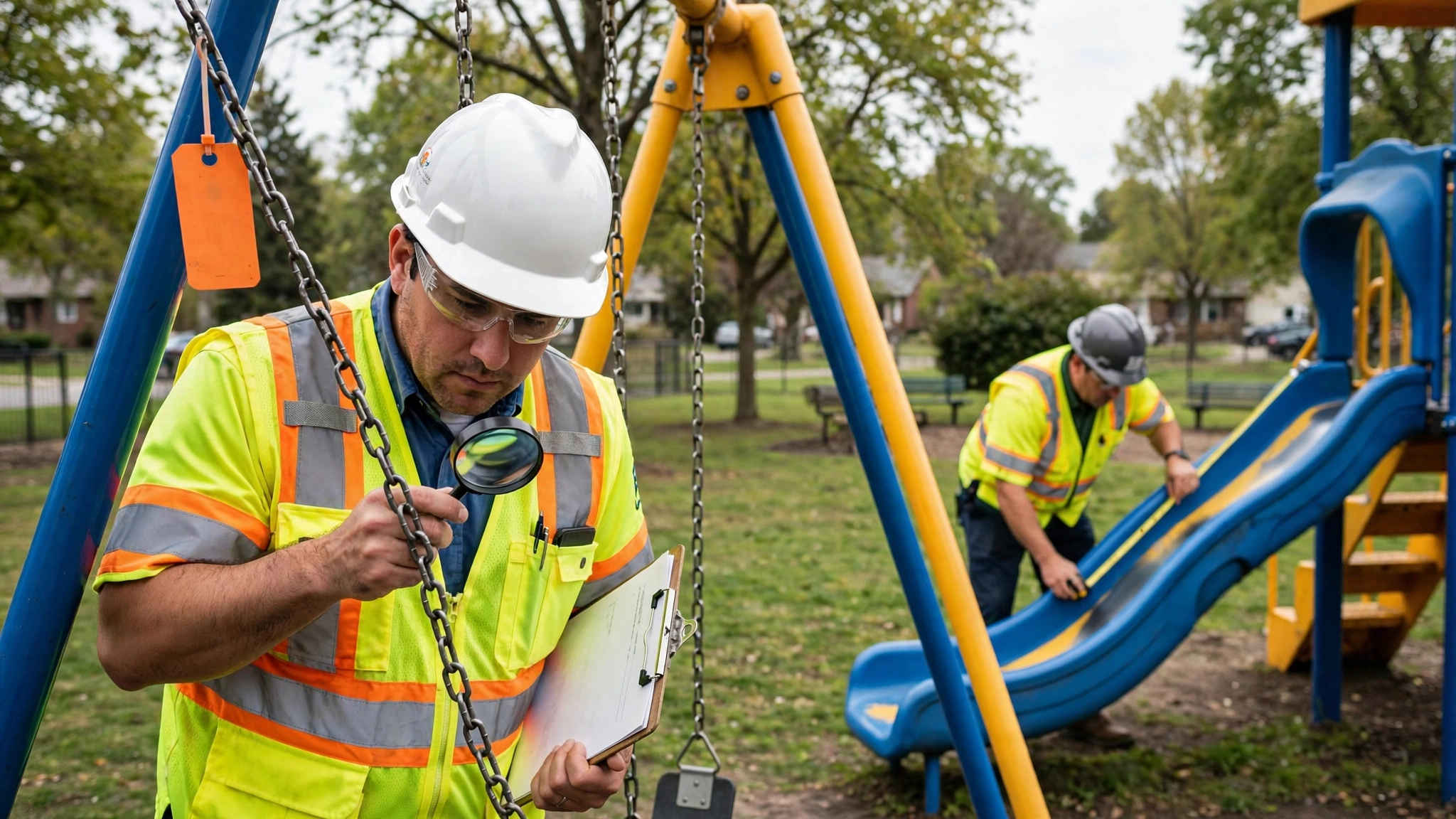 A state amusement ride safety inspector in a hard hat and reflective vest examines a children's swing set chain with a magnifying glass and clipboard in a suburban park, while a colleague measures a playground slide with a tape measure in the background, orange inspection tag hanging from the swing frame