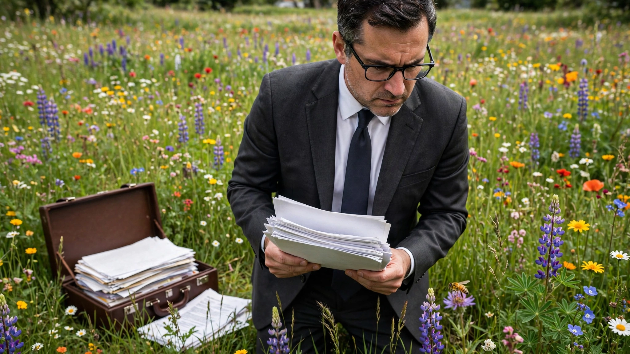 An IRS auditor in a dark suit holding tax forms stands in a flowering meadow, looking disapprovingly at a honeybee on a wildflower