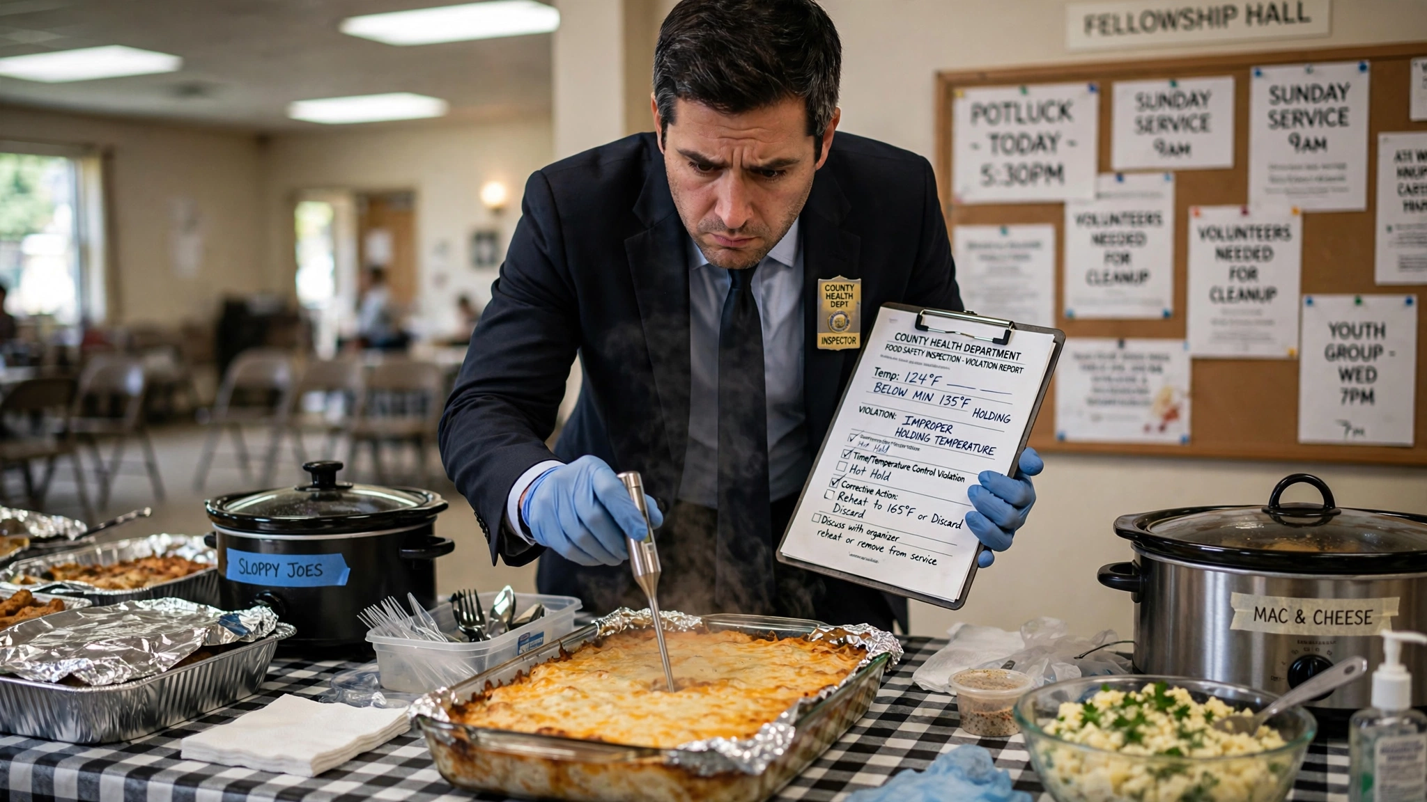 A county health department inspector in a dark suit and latex gloves inserts a food thermometer into a casserole dish at a church potluck buffet table covered with foil-wrapped dishes, slow cookers, and plastic serving utensils in a fellowship hall