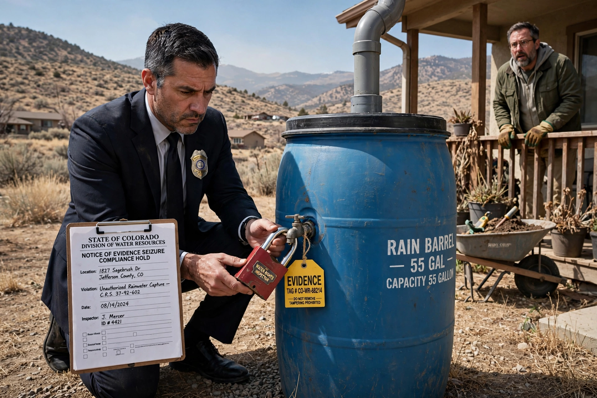 A stern state water-rights inspector in a dark suit kneeling beside a blue 55-gallon rain barrel in an arid suburban backyard, holding a clipboard headed State of Colorado Division of Water Resources Notice of Evidence Seizure Compliance Hold and attaching a red padlock and yellow evidence tag to the barrel spigot, a roof downspout feeding into the barrel, a bewildered homeowner in gardening gloves watching from the porch