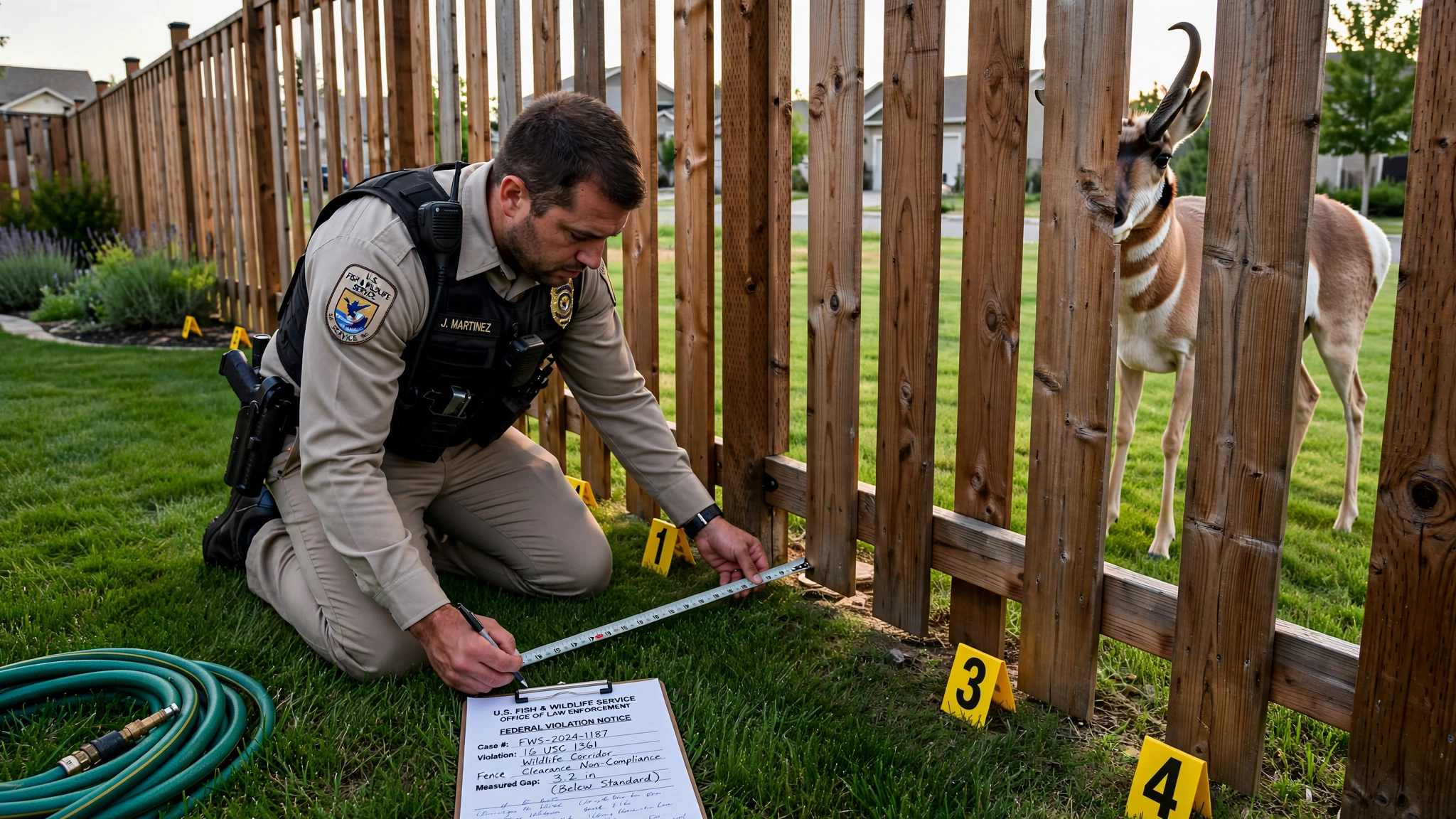 A U.S. Fish and Wildlife Service enforcement officer in official uniform kneeling beside a standard six-foot cedar privacy fence in a manicured suburban backyard, measuring the gap between the bottom of the fence and the ground with a steel tape measure while filling out a federal violation notice on a clipboard, yellow evidence markers placed along the fence line