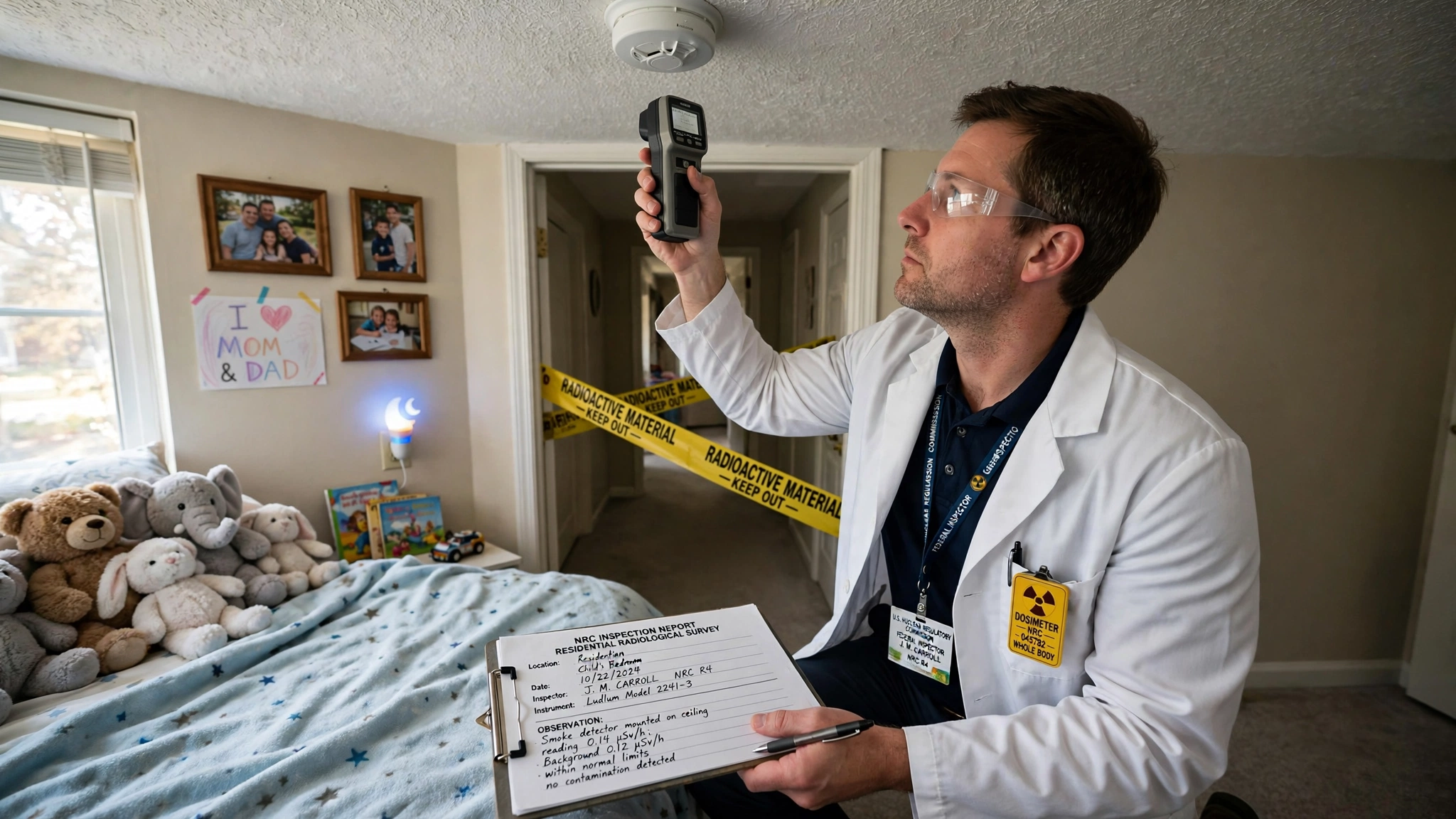 A federal nuclear regulatory inspector in a white lab coat kneeling beside a household smoke detector on a suburban bedroom ceiling, holding a Geiger counter and writing on a clipboard, yellow radioactive material warning tape draped across the hallway