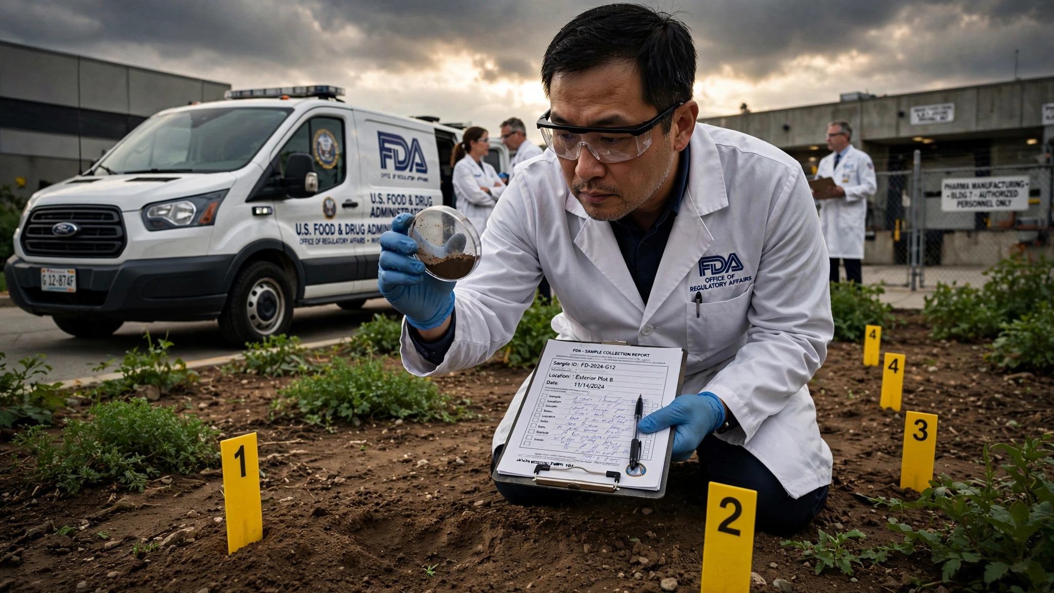 An FDA inspector in a white lab coat and blue nitrile gloves kneels in garden soil, holding a petri dish up for examination while yellow evidence markers are planted in the dirt around them