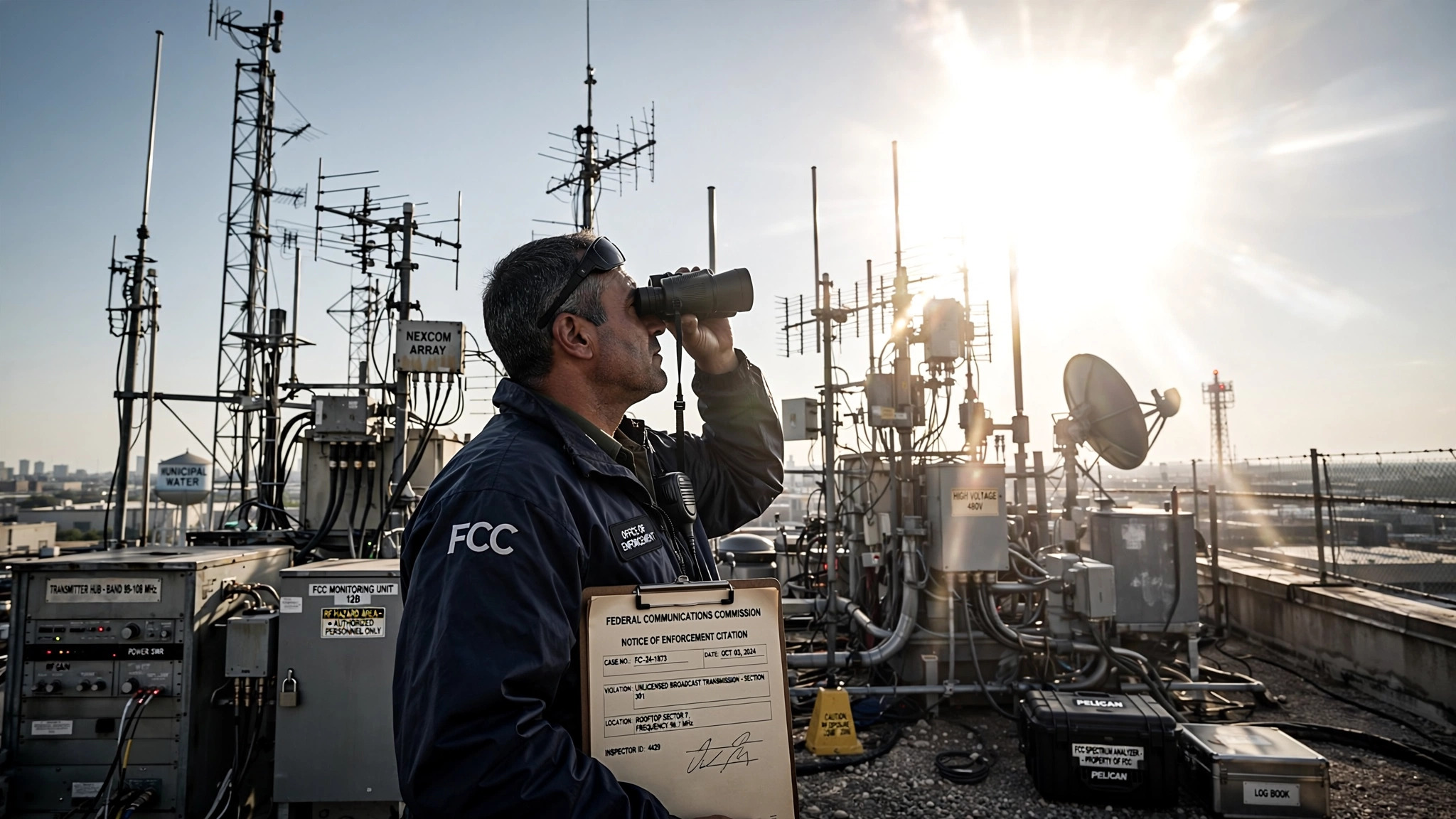 An FCC enforcement agent on a rooftop surrounded by radio antennas, holding binoculars pointed at the blazing sun, with an enforcement citation clipboard under their arm