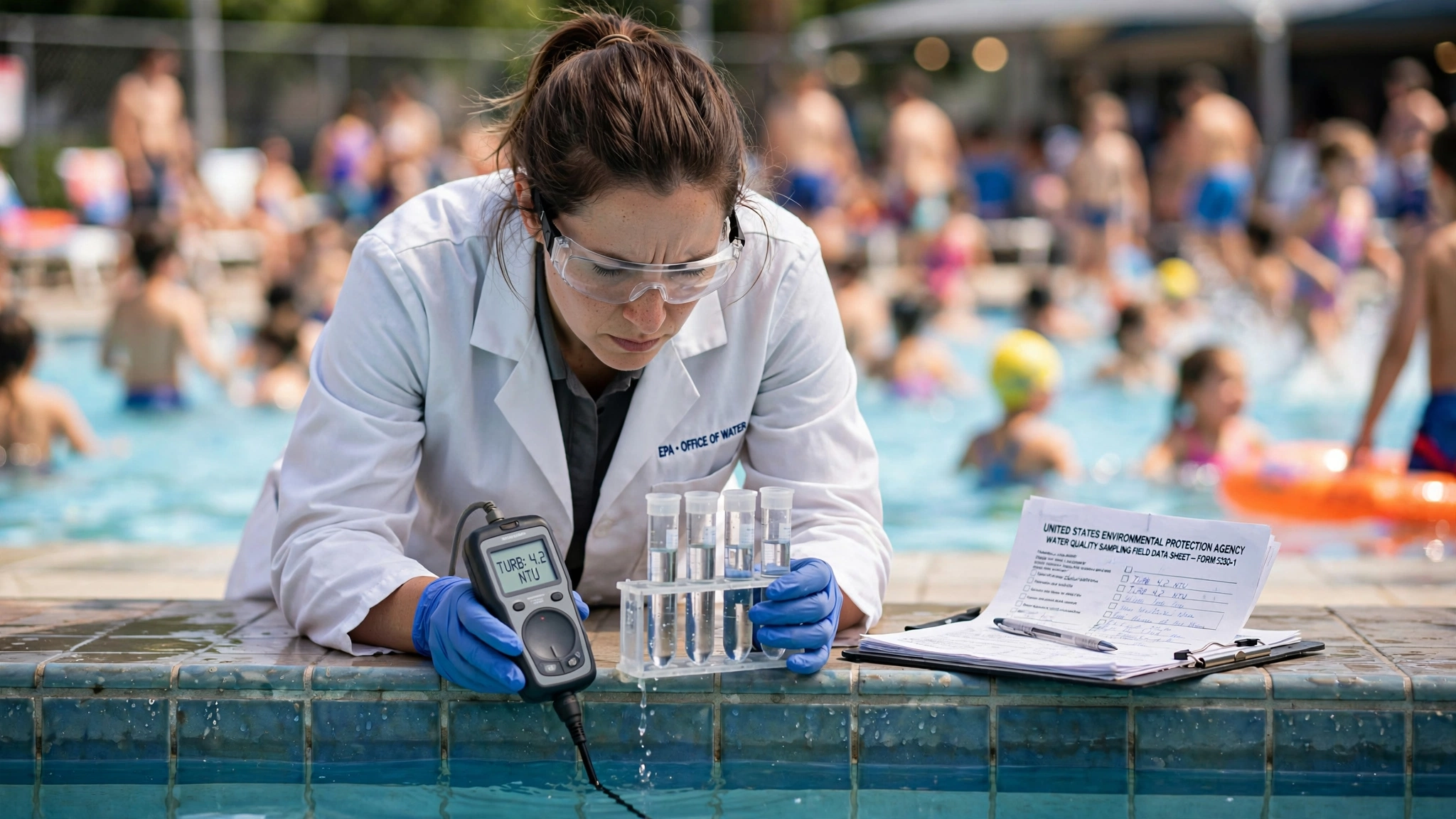 An EPA water quality inspector in a white lab coat and nitrile gloves kneels at the edge of a crowded public swimming pool, holding a cluster of sampling vials to the surface while swimmers splash obliviously around her