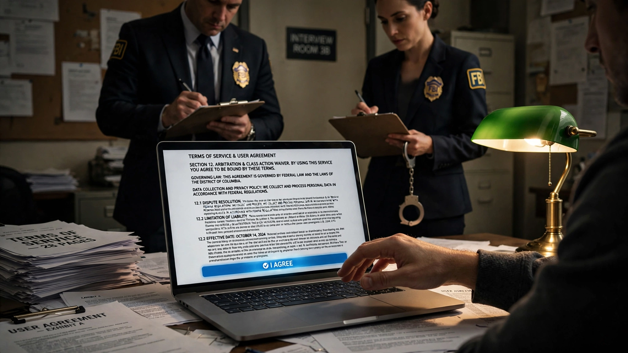 A person's index finger hovering over a glowing blue I AGREE button on a laptop screen displaying dense legal text, while two FBI agents in dark suits and earpieces stand behind the chair writing on clipboards, one agent holding a pair of handcuffs at their side, the scene lit like a surveillance photograph