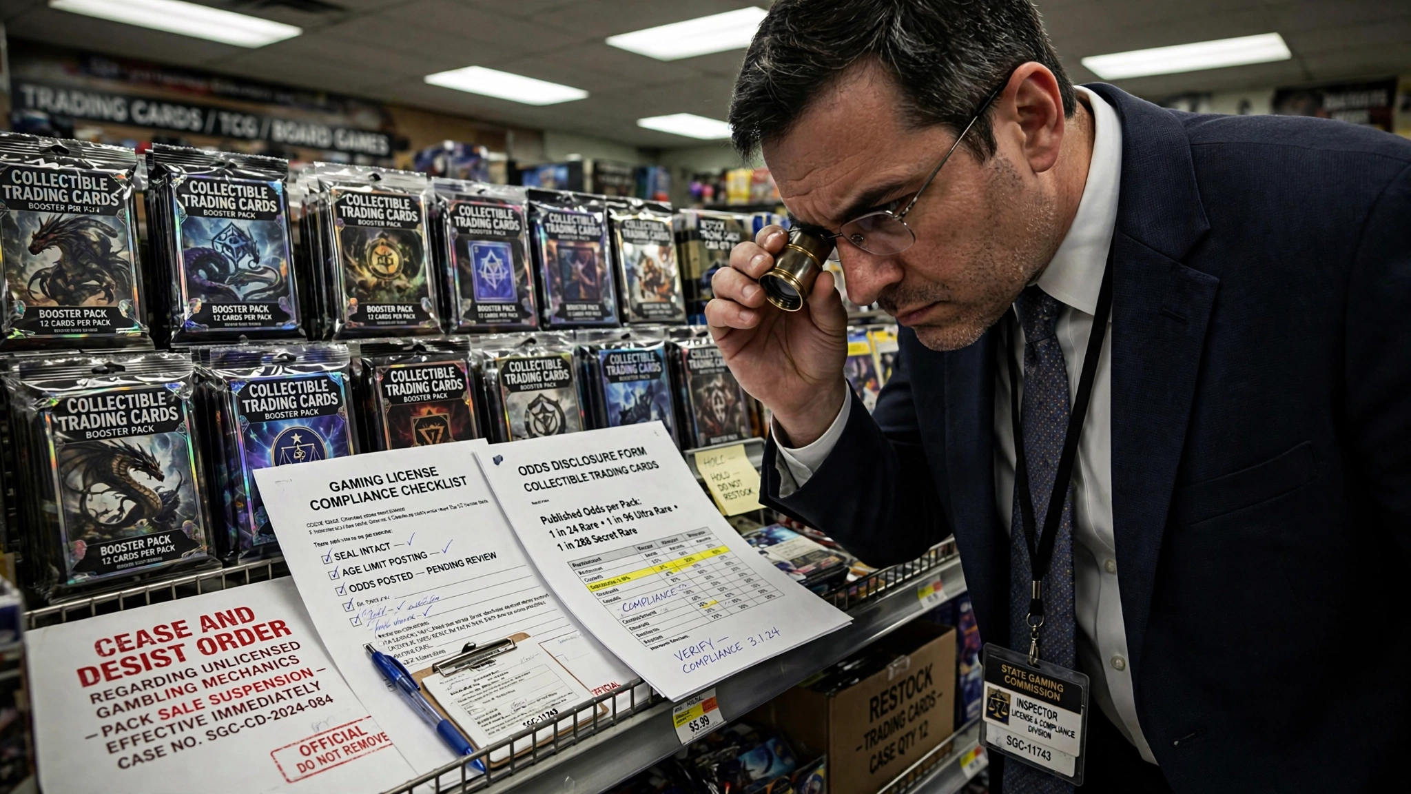 A state gaming commission inspector in a dark business suit examining sealed collectible trading card booster packs on a retail shelf through a jeweler's loupe, compliance paperwork and odds disclosure forms spread across the shelf, harsh fluorescent retail lighting