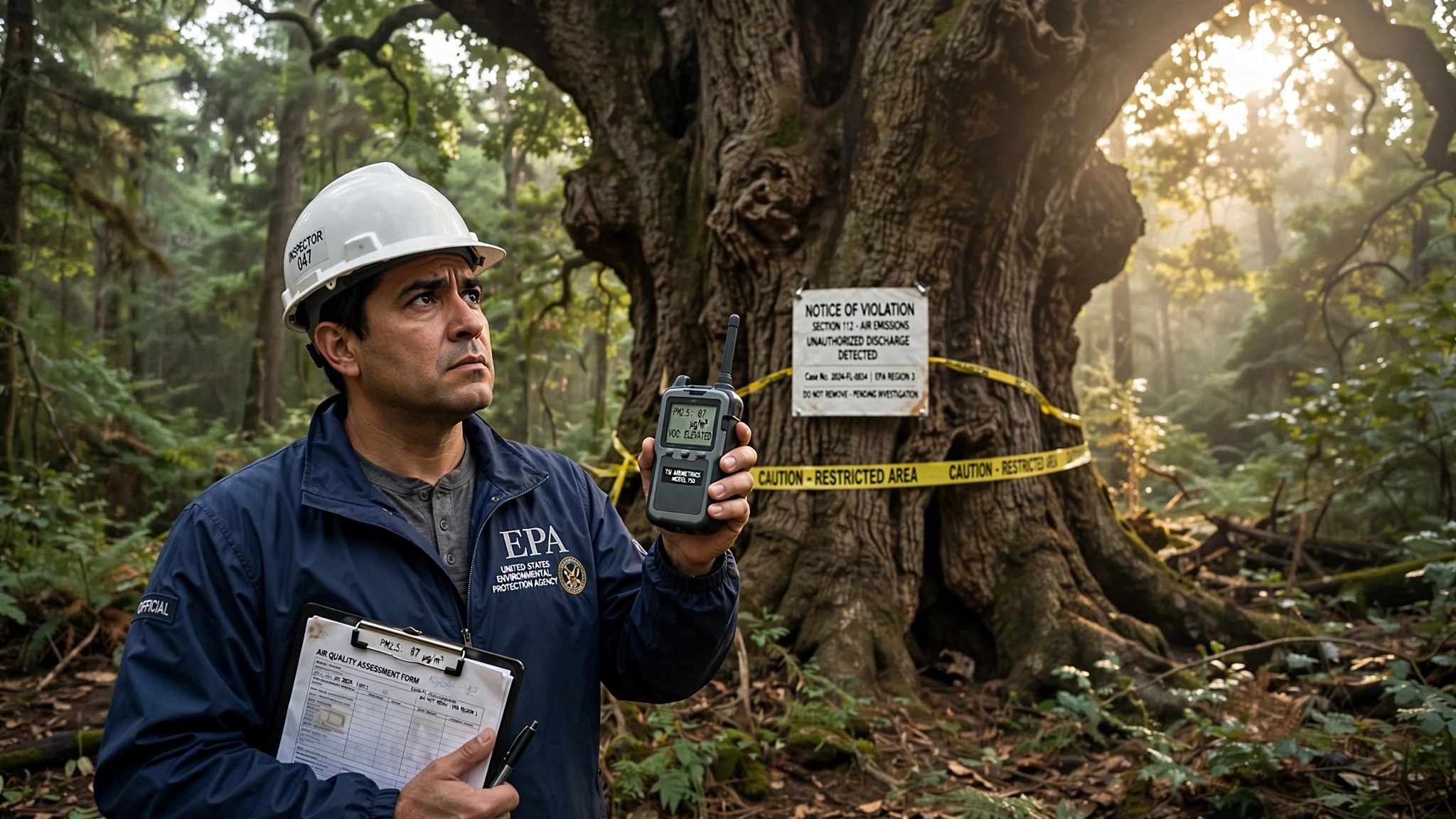 An EPA inspector in a navy windbreaker and hard hat stands at the base of a massive oak tree in a dense forest, holding an air quality monitor toward the canopy while yellow caution tape wraps around the trunk and a Notice of Violation is posted on the bark