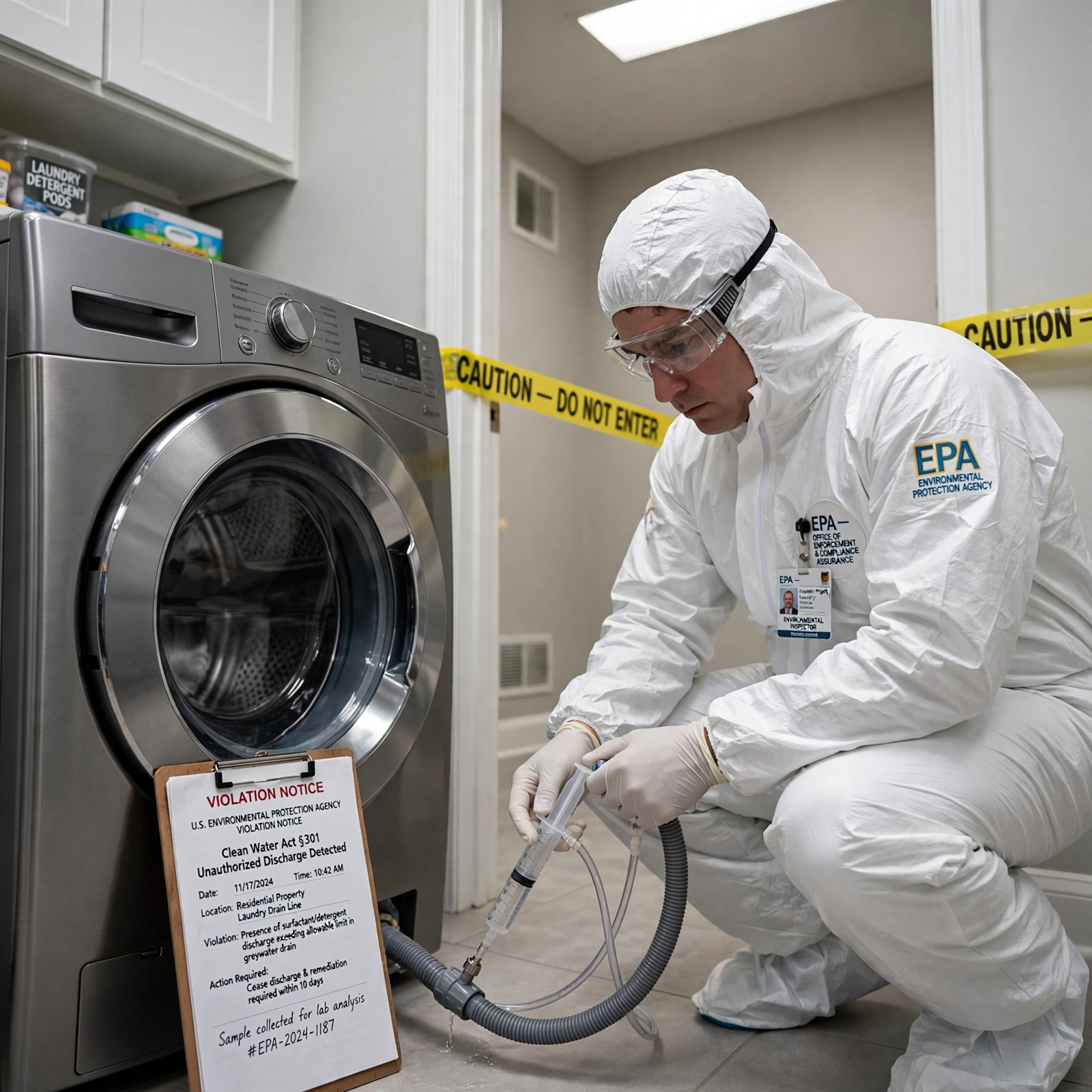 An EPA inspector in a white hazmat suit crouched beside a household washing machine in a suburban laundry room, holding a water sampling device to collect effluent from the drain hose, yellow caution tape across the doorway
