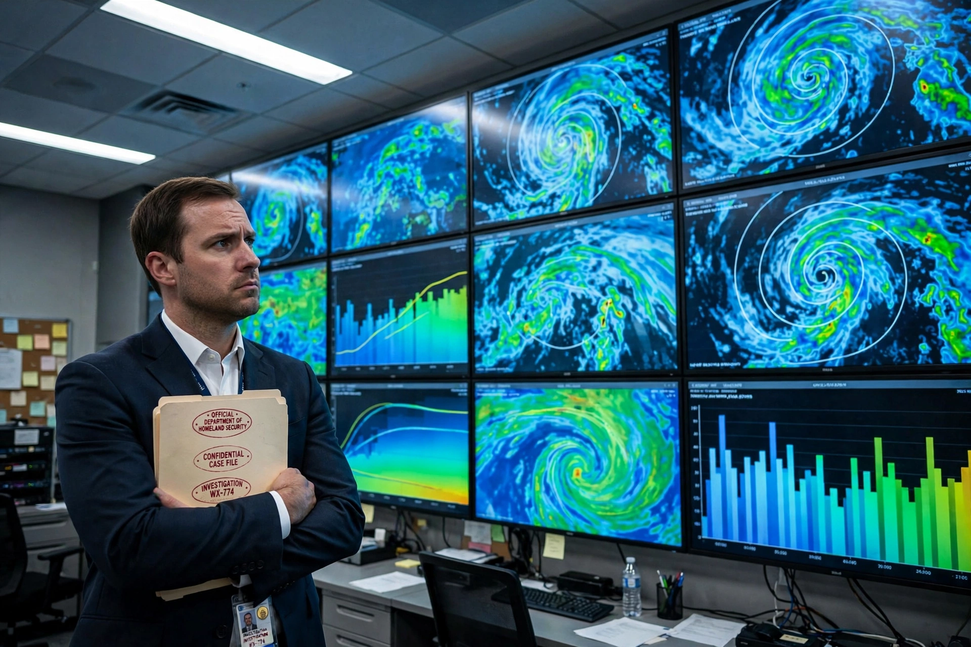 A serious photojournalistic scene of a federal investigator in a dark suit standing in front of a wall of weather forecast screens showing ten-day forecasts, holding a clipboard and examining the screens with suspicion, fluorescent lighting