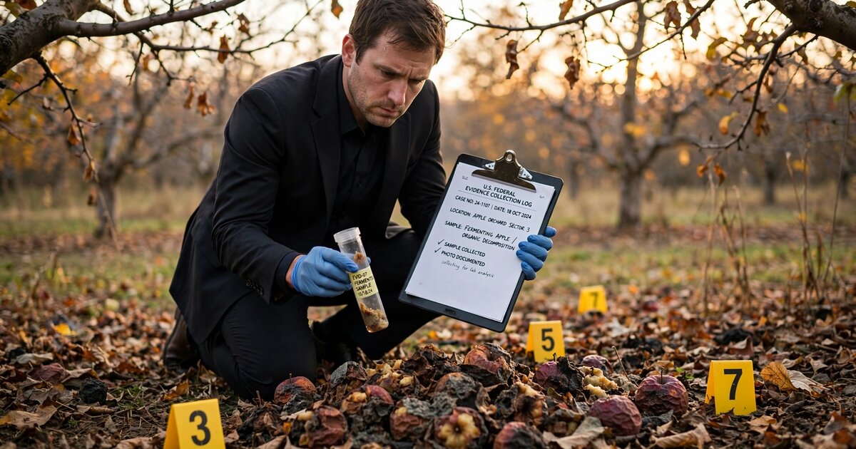 A federal agent in a dark suit kneels in an autumn orchard beside a pile of rotting apples on the ground, holding a clipboard and an evidence collection vial, with yellow evidence markers planted in the leaf litter around the fermenting fruit