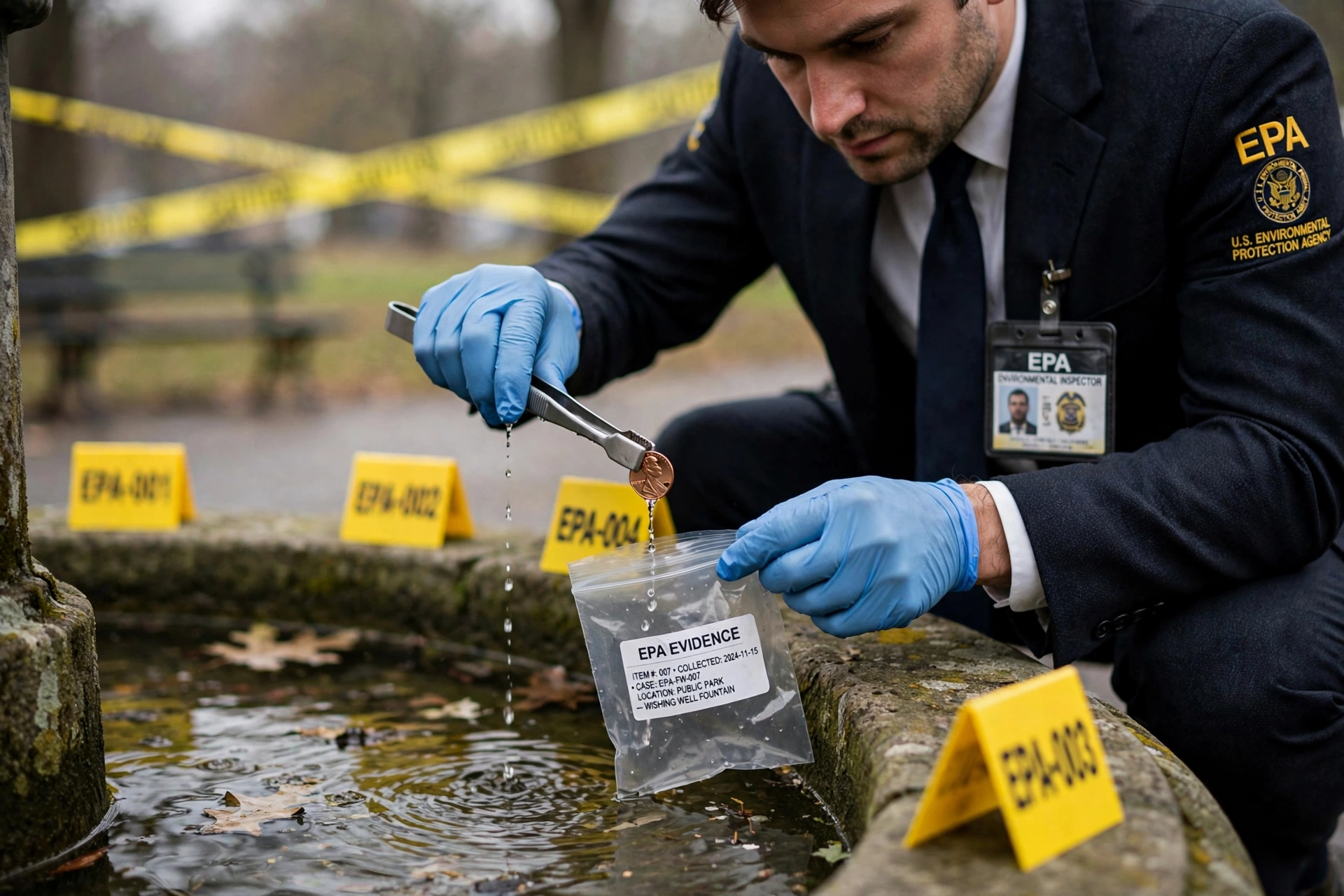 A serious photojournalistic scene of an EPA inspector in a dark suit and nitrile gloves kneeling beside a public park wishing well fountain, using a pair of tongs to carefully place a single penny into a clear evidence bag, with yellow EPA evidence markers placed around the fountain rim, fluorescent yellow CAUTION tape partially visible